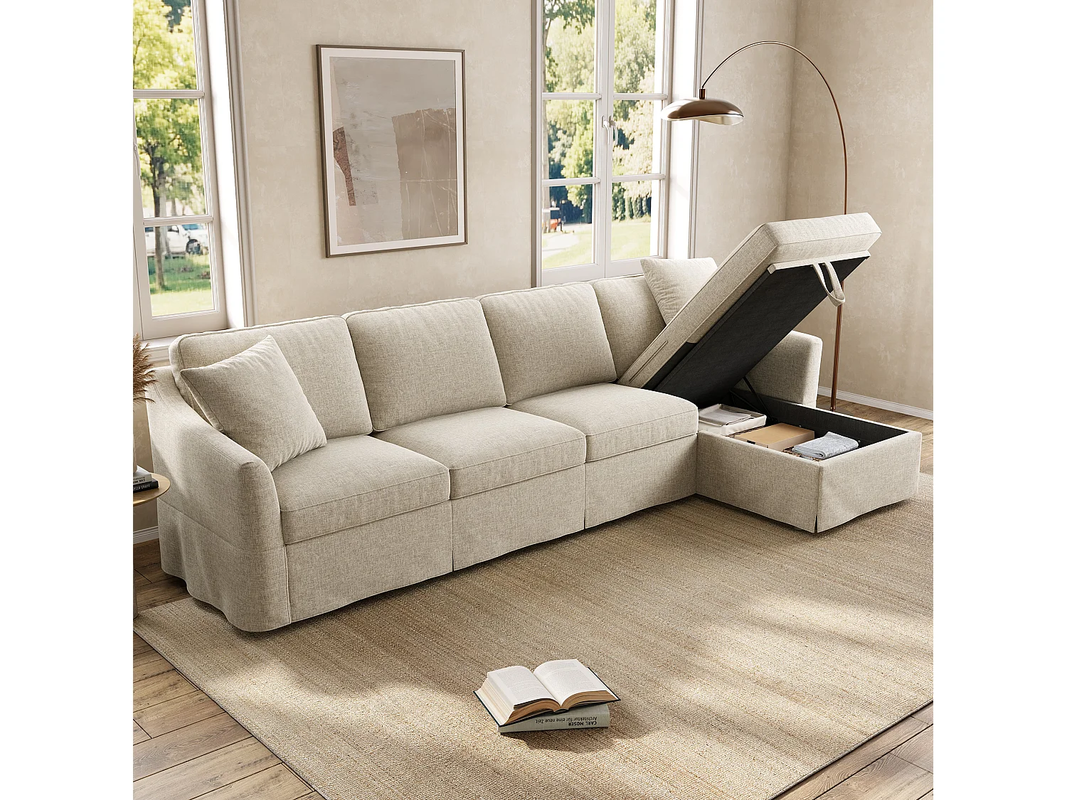 L-förmiges 4-Sitzer-Sofa (274 x 128,5 x 83 cm) - mit Bettbank mit Stauraum - abnehmbarer und waschbarer Bezug aus Baumwolle und Leinen - Beige