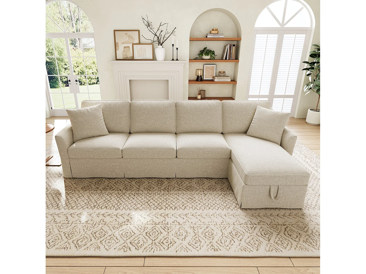 L-förmiges 4-Sitzer-Sofa (274 x 128,5 x 83 cm) - mit Bettbank mit Stauraum - abnehmbarer und waschbarer Bezug aus Baumwolle und Leinen - Beige