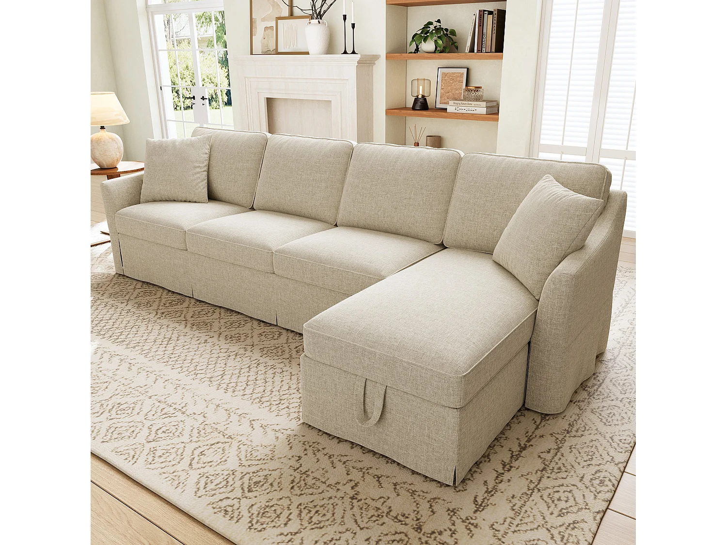 L-förmiges 4-Sitzer-Sofa (274 x 128,5 x 83 cm) - mit Bettbank mit Stauraum - abnehmbarer und waschbarer Bezug aus Baumwolle und Leinen - Beige