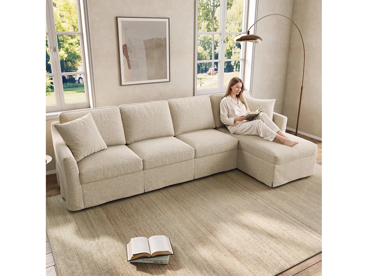 L-förmiges 4-Sitzer-Sofa (274 x 128,5 x 83 cm) - mit Bettbank mit Stauraum - abnehmbarer und waschbarer Bezug aus Baumwolle und Leinen - Beige