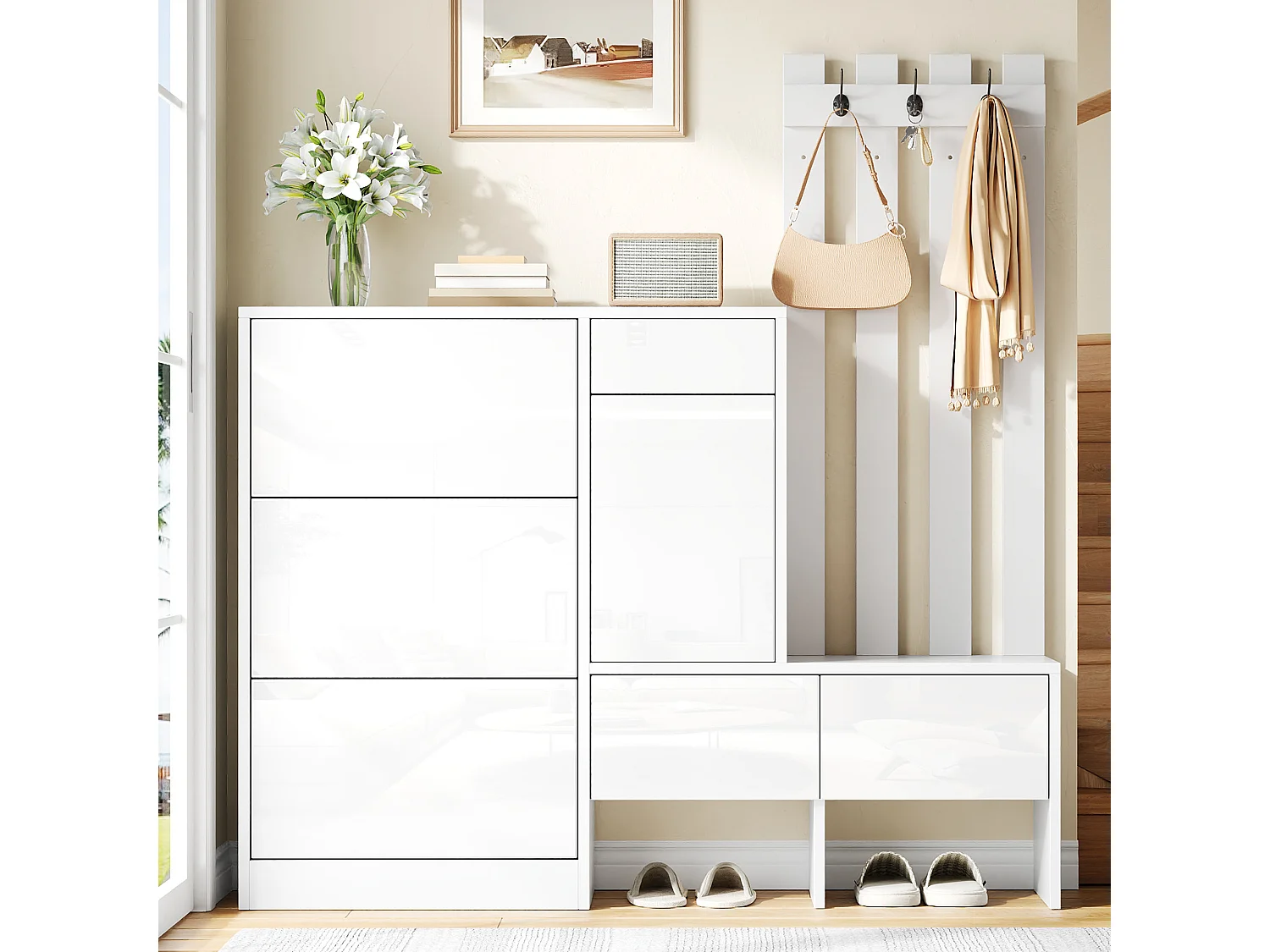 7-in-1 high-gloss entryway coat rack set - Hooks, 3 tilting shoe compartments and bench - 1 door and 3 drawers - White