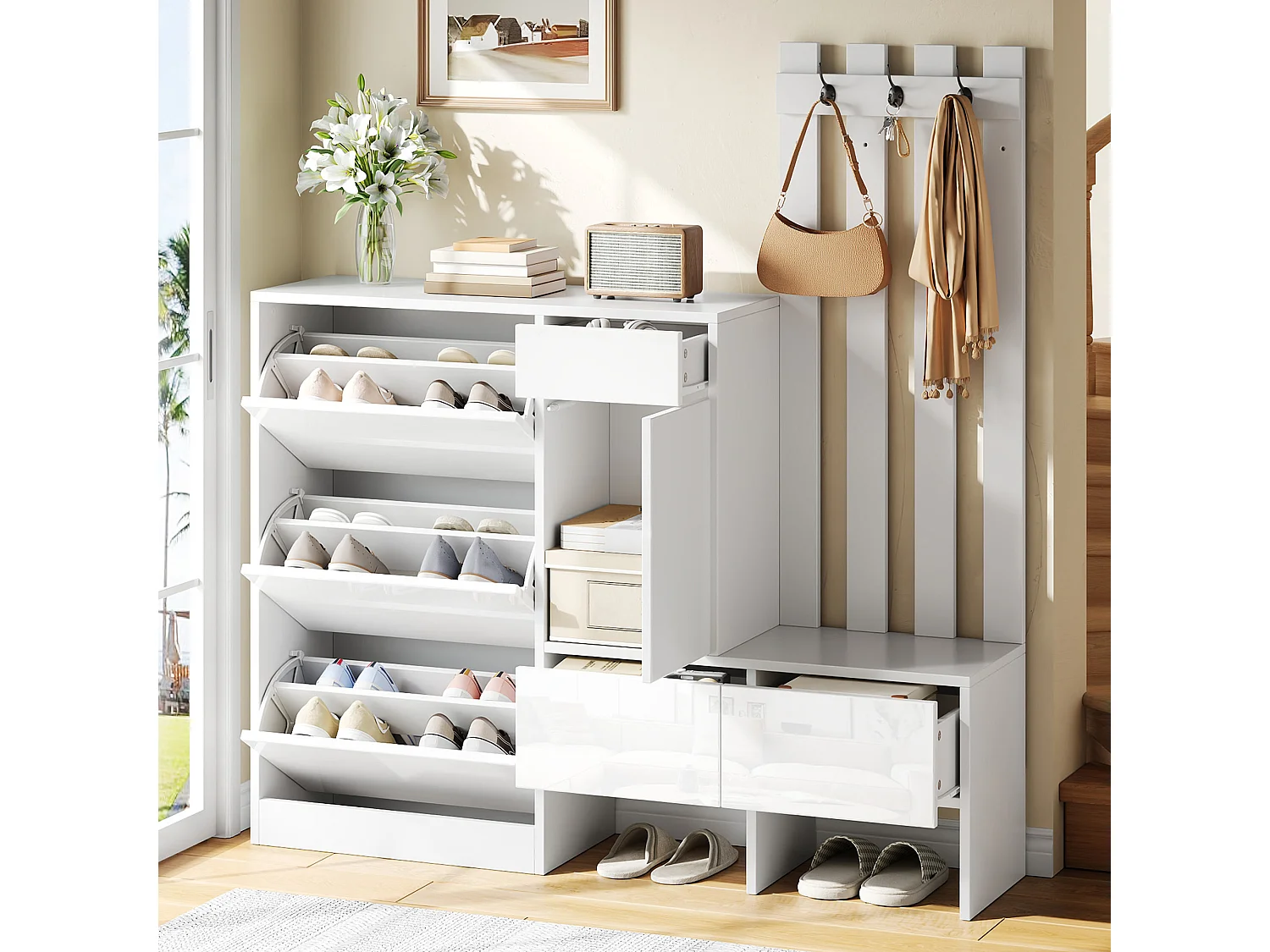 7-in-1 high-gloss entryway coat rack set - Hooks, 3 tilting shoe compartments and bench - 1 door and 3 drawers - White