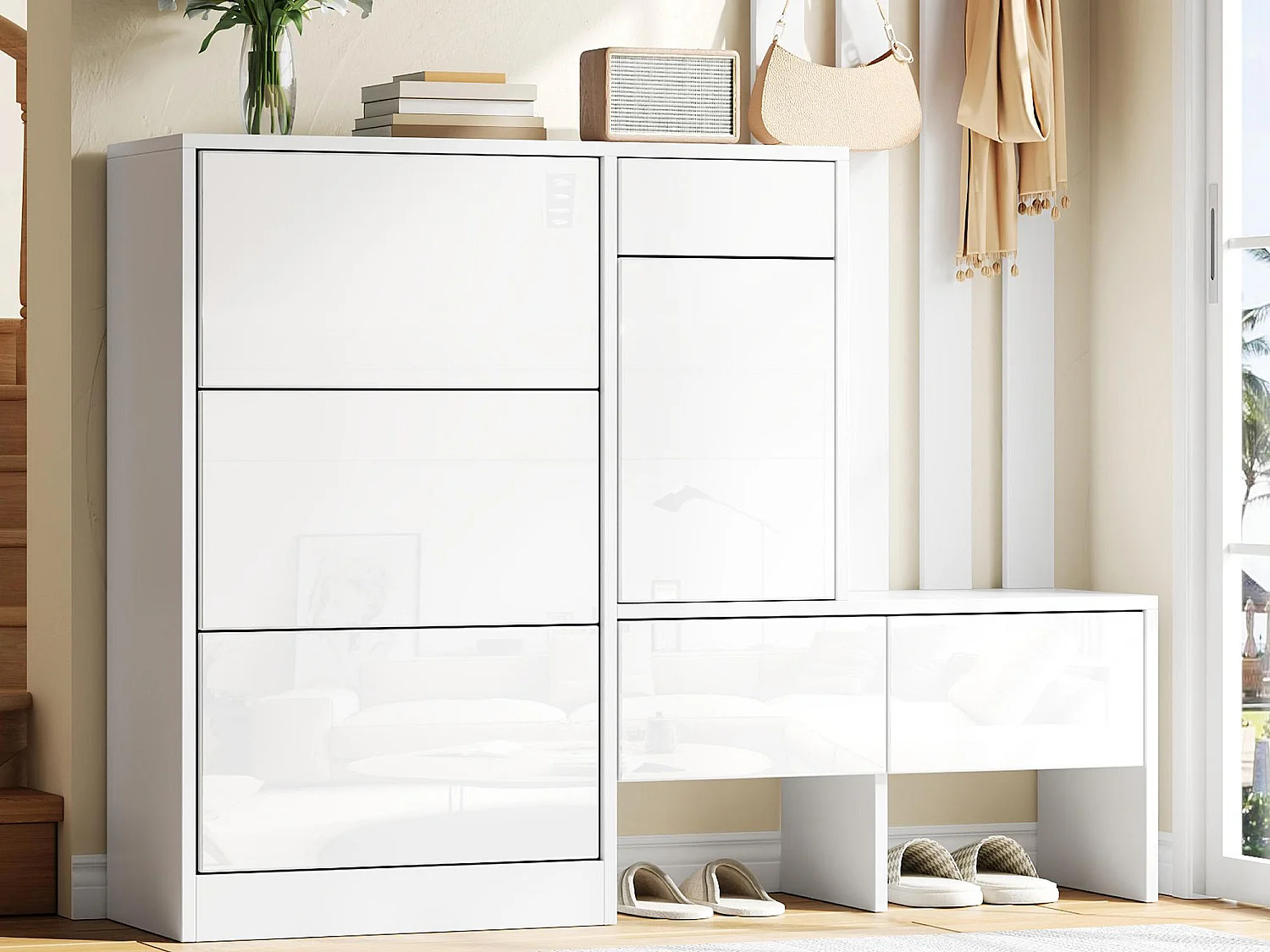 7-in-1 high-gloss entryway coat rack set - Hooks, 3 tilting shoe compartments and bench - 1 door and 3 drawers - White