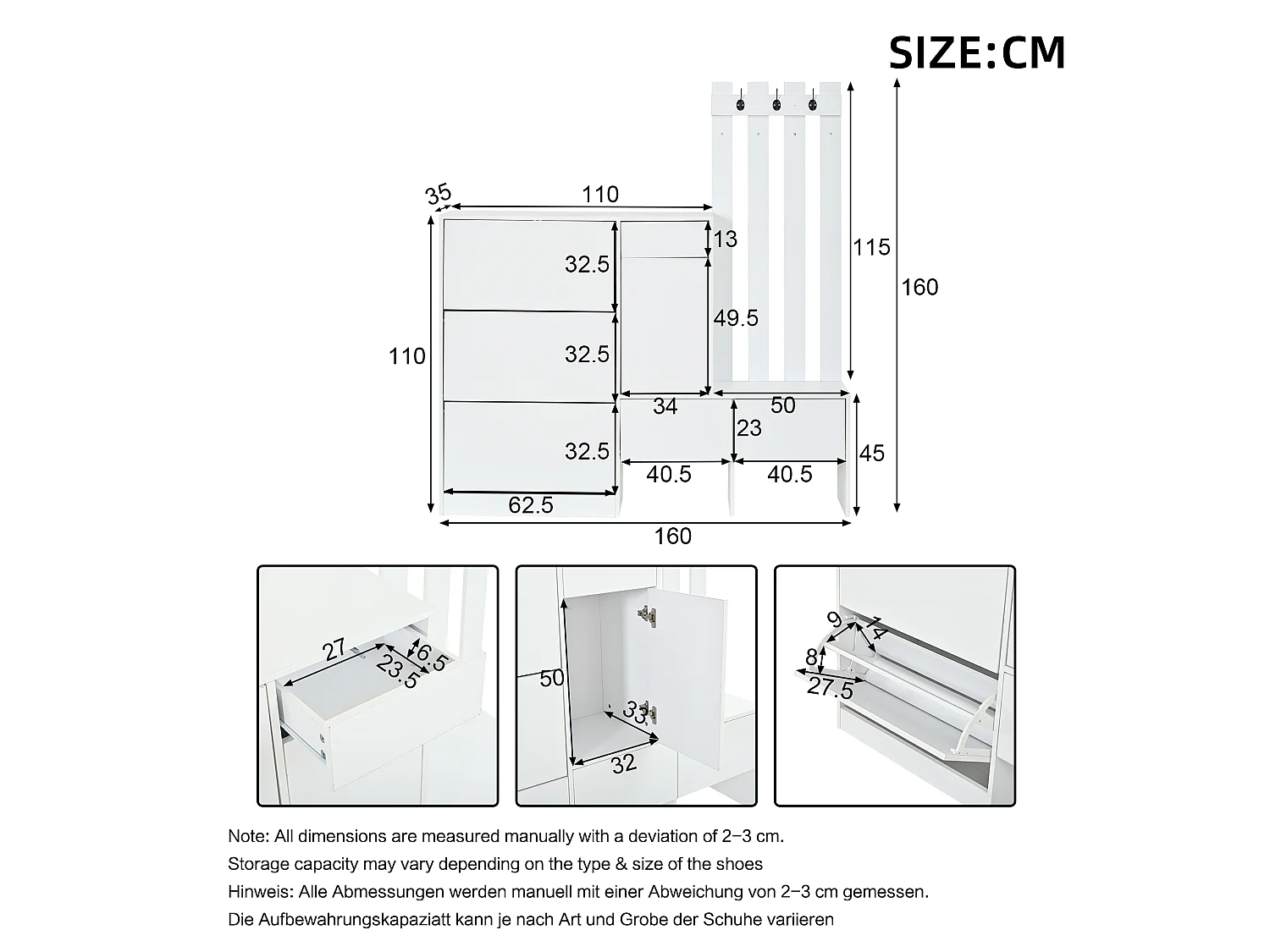 7-in-1 high-gloss entryway coat rack set - Hooks, 3 tilting shoe compartments and bench - 1 door and 3 drawers - White