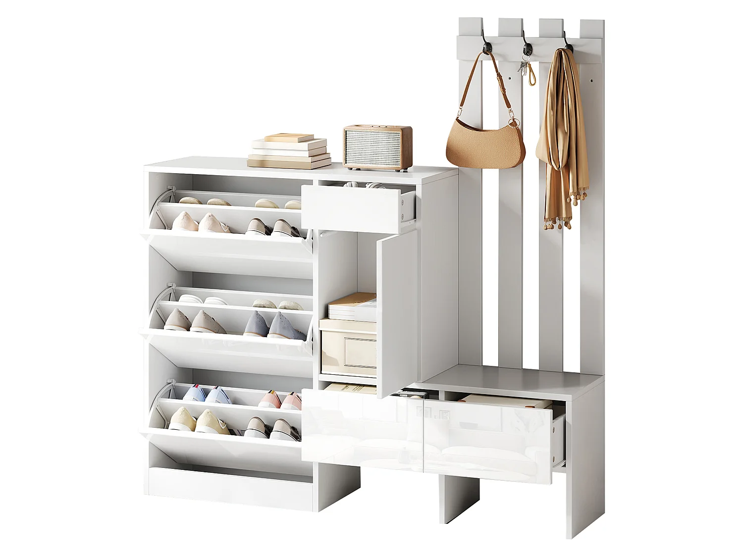 7-in-1 high-gloss entryway coat rack set - Hooks, 3 tilting shoe compartments and bench - 1 door and 3 drawers - White