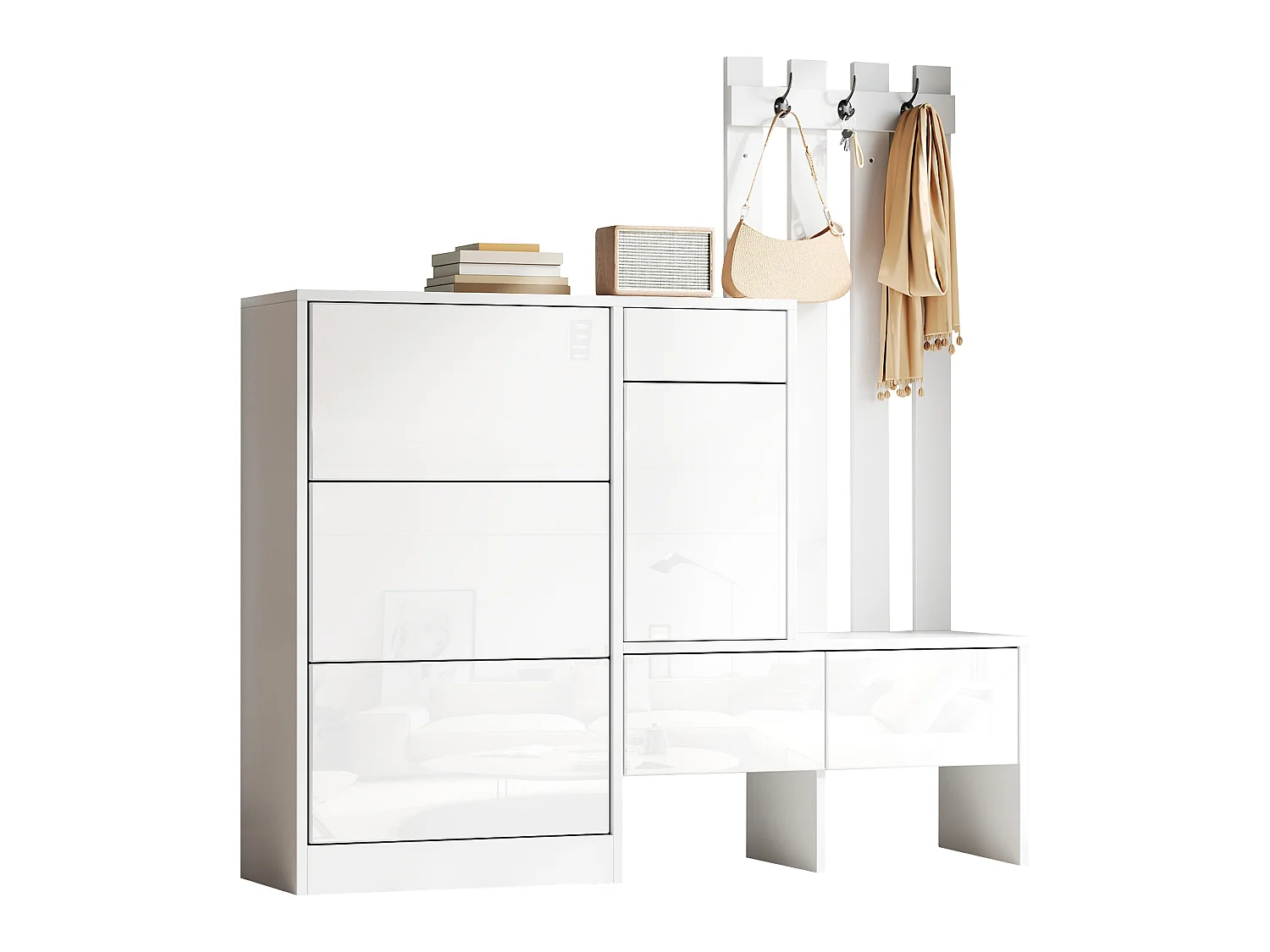 7-in-1 high-gloss entryway coat rack set - Hooks, 3 tilting shoe compartments and bench - 1 door and 3 drawers - White