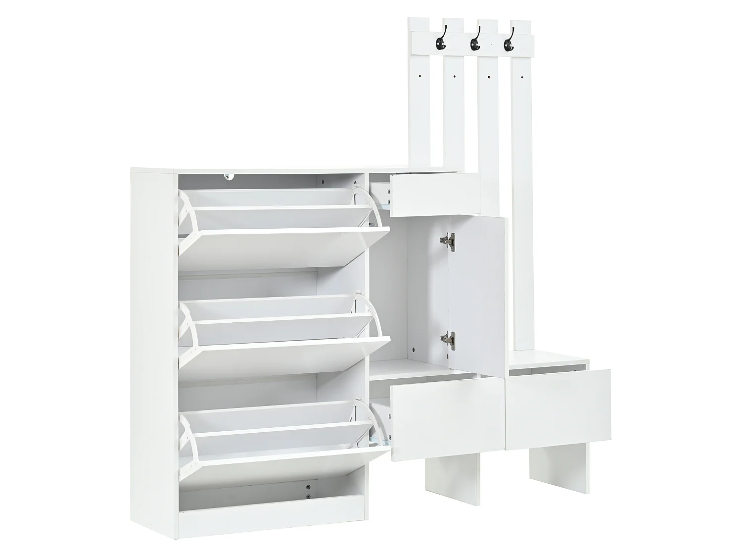 7-in-1 high-gloss entryway coat rack set - Hooks, 3 tilting shoe compartments and bench - 1 door and 3 drawers - White