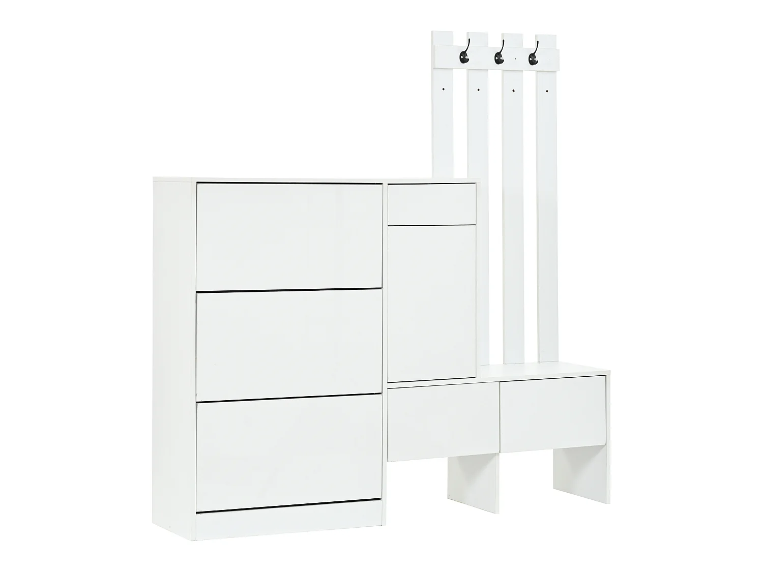 7-in-1 high-gloss entryway coat rack set - Hooks, 3 tilting shoe compartments and bench - 1 door and 3 drawers - White