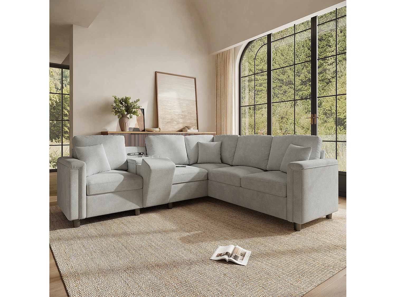 Canapé d'angle 5 places en forme de L 235x208x83 cm - avec porte-gobelets, ports USB/Type-C et liseuses - tissu chenille - Gris