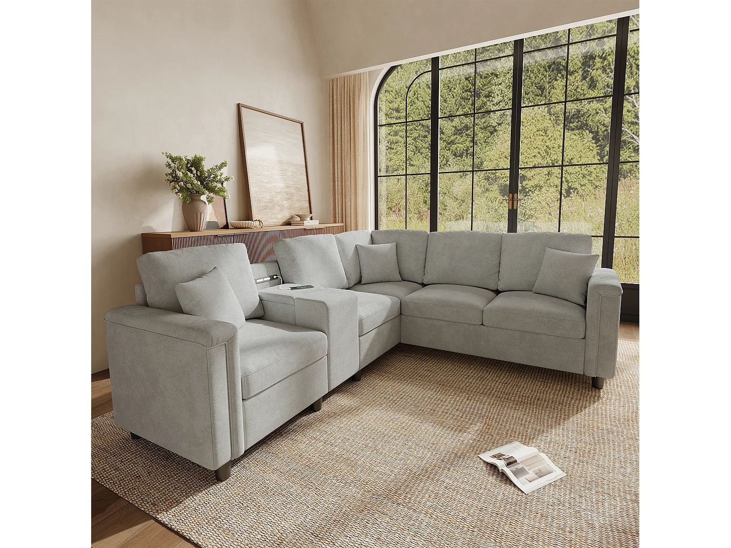 Canapé d'angle 5 places en forme de L 235x208x83 cm - avec porte-gobelets, ports USB/Type-C et liseuses - tissu chenille - Gris