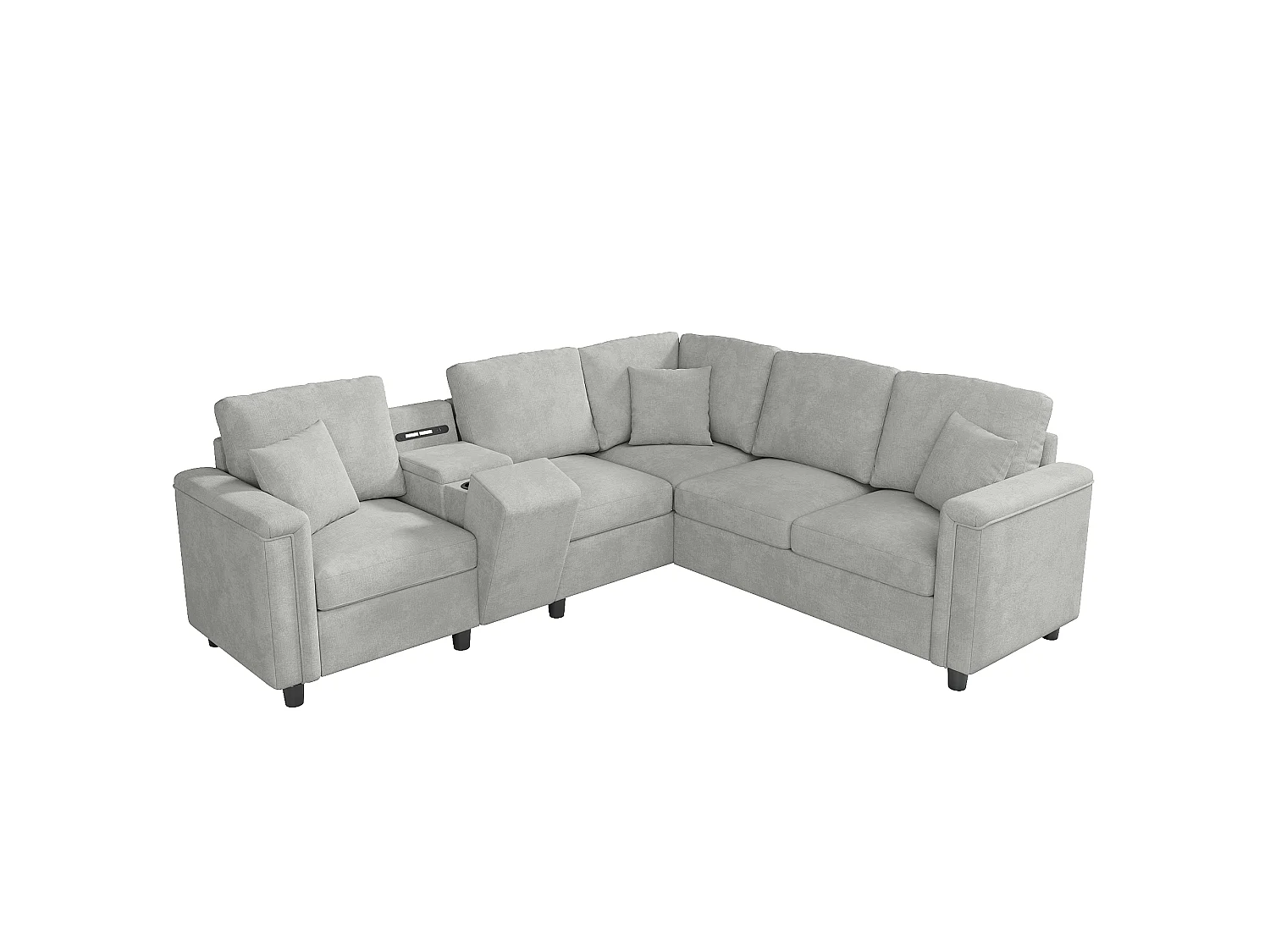 Canapé d'angle 5 places en forme de L 235x208x83 cm - avec porte-gobelets, ports USB/Type-C et liseuses - tissu chenille - Gris