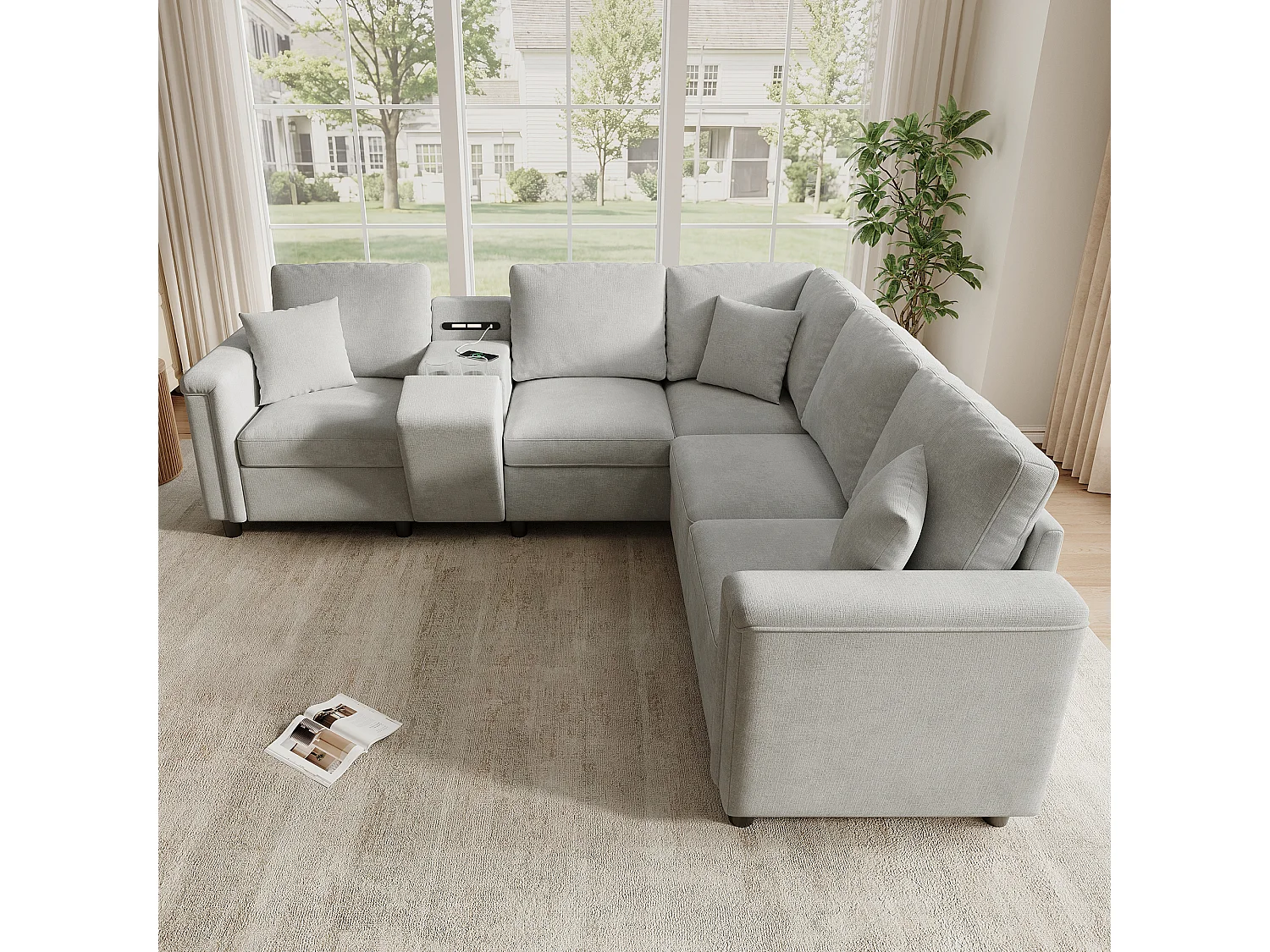 Canapé d'angle 5 places en forme de L 235x208x83 cm - avec porte-gobelets, ports USB/Type-C et liseuses - tissu chenille - Gris