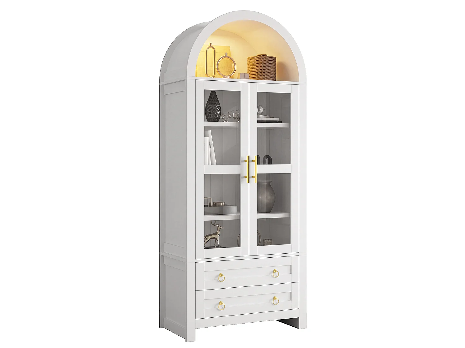 Vitrine haute 76x40x180 cm avec éclairage LED - Style rétro - 2 portes et 2 tiroirs - Design cintré - MDF - Blanc