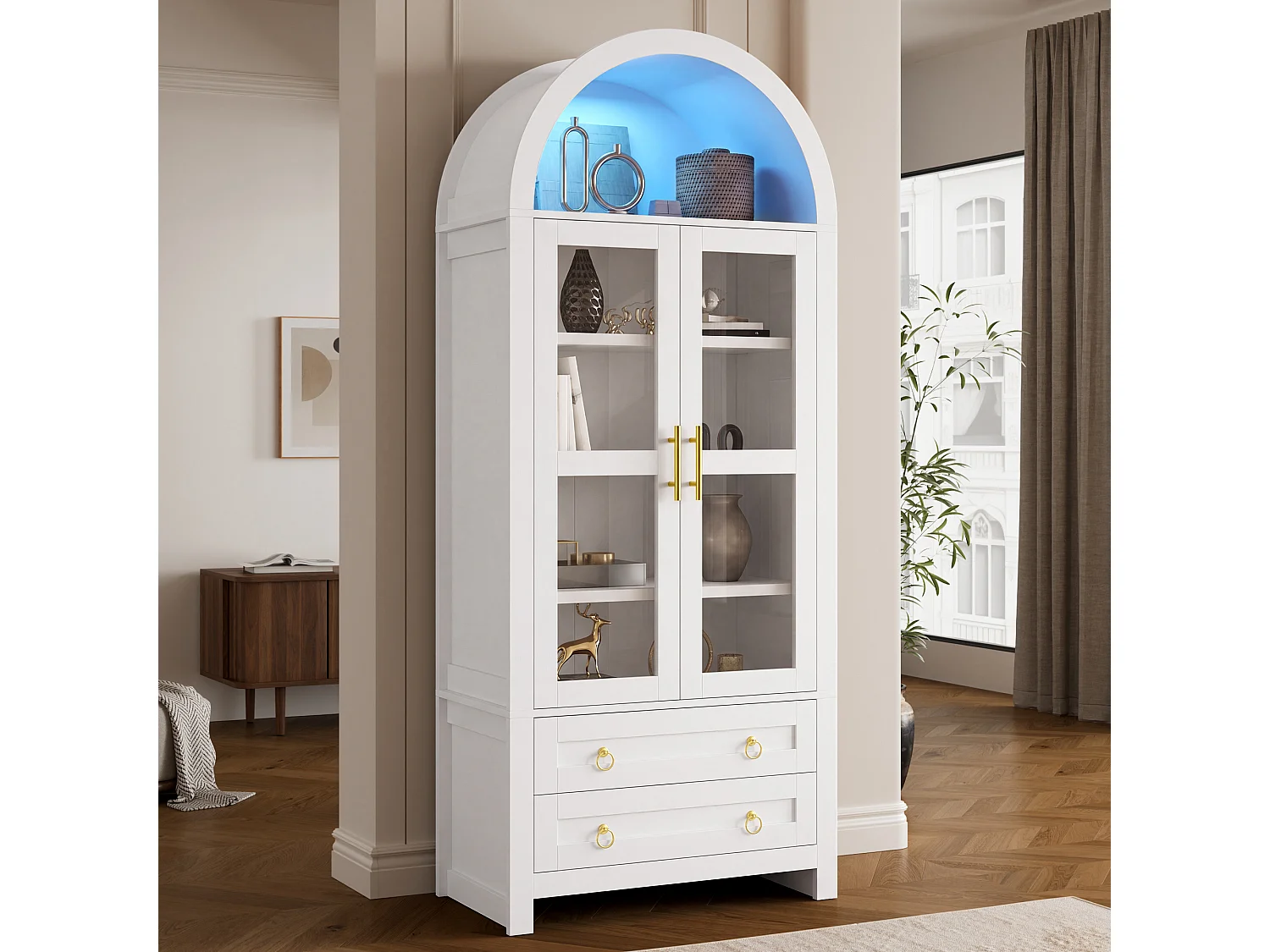 Vitrine haute 76x40x180 cm avec éclairage LED - Style rétro - 2 portes et 2 tiroirs - Design cintré - MDF - Blanc