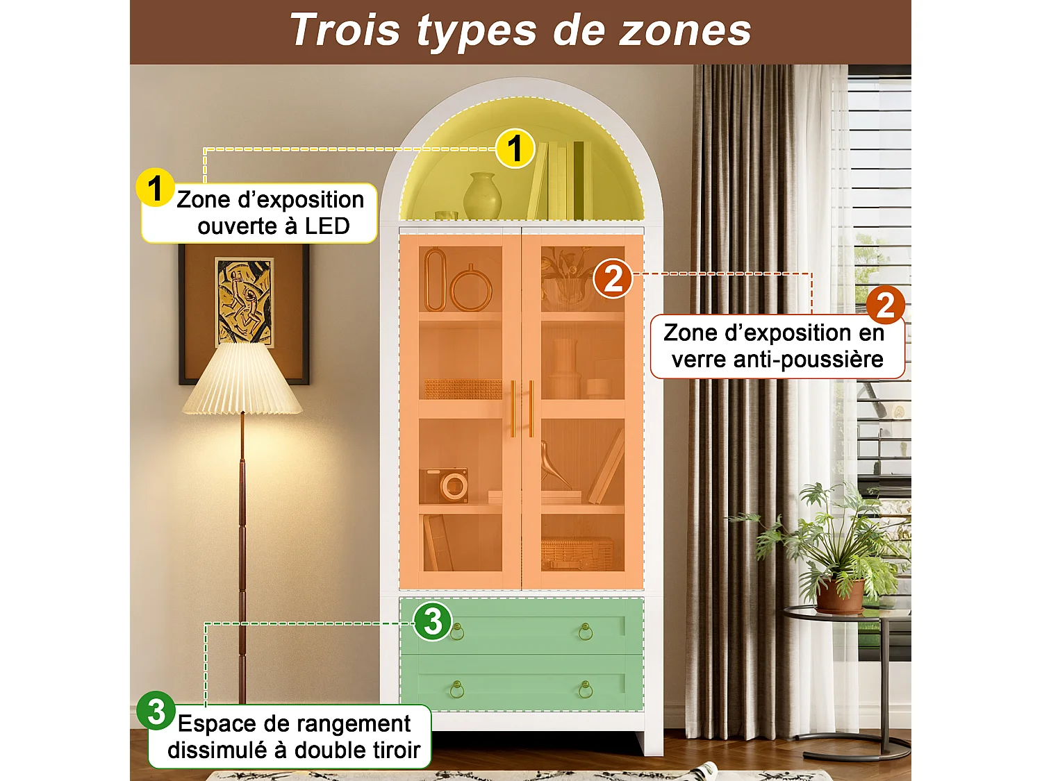 Vitrine haute 76x40x180 cm avec éclairage LED - Style rétro - 2 portes et 2 tiroirs - Design cintré - MDF - Blanc