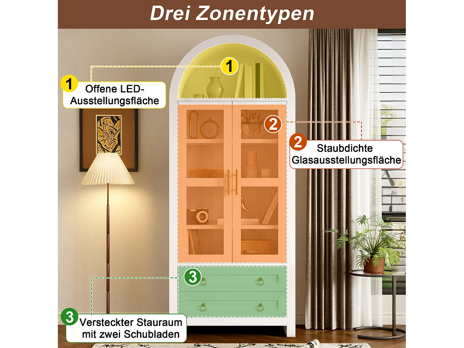 Vitrine haute 76x40x180 cm avec éclairage LED - Style rétro - 2 portes et 2 tiroirs - Design cintré - MDF - Blanc
