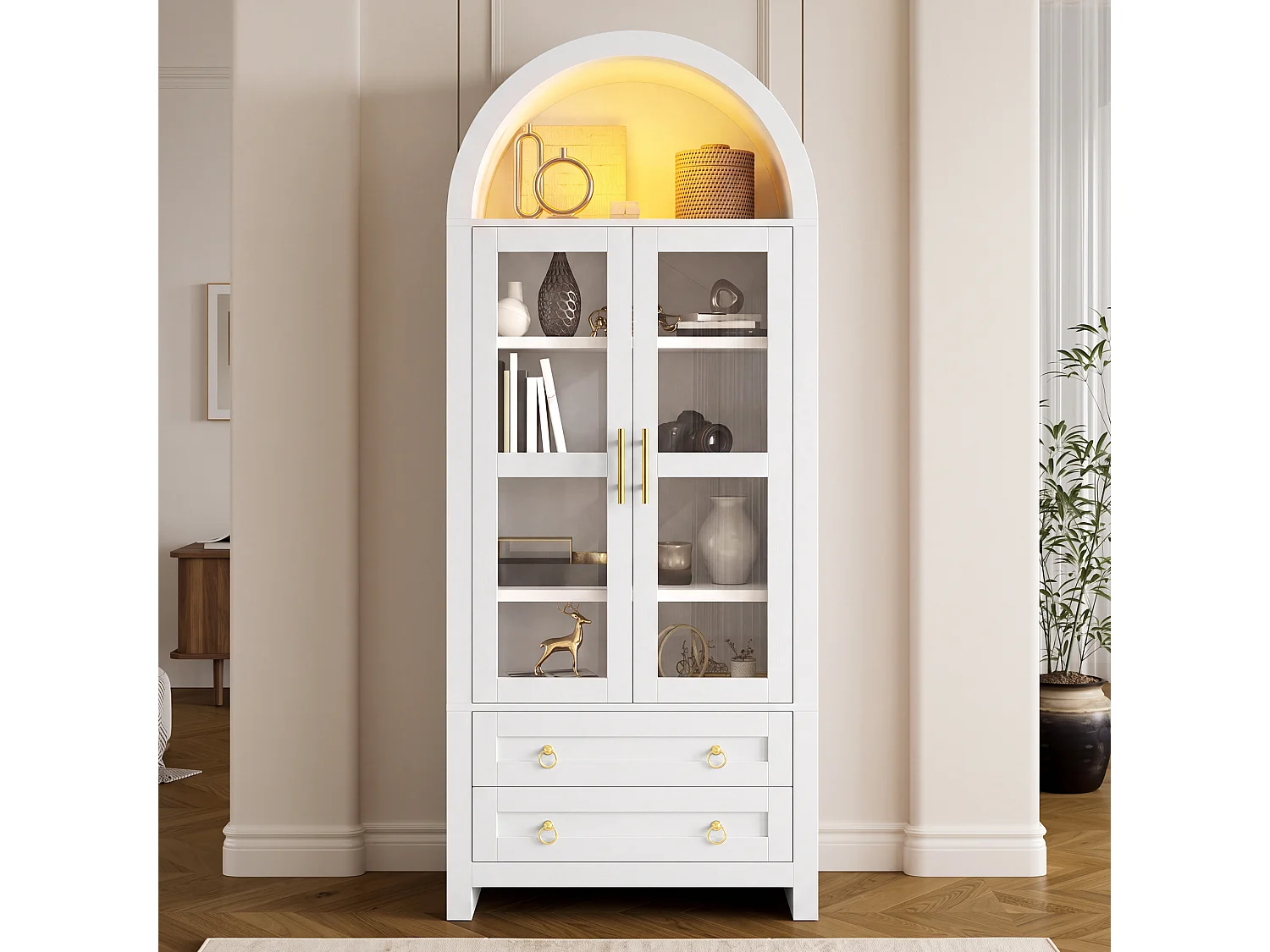 Vitrine haute 76x40x180 cm avec éclairage LED - Style rétro - 2 portes et 2 tiroirs - Design cintré - MDF - Blanc