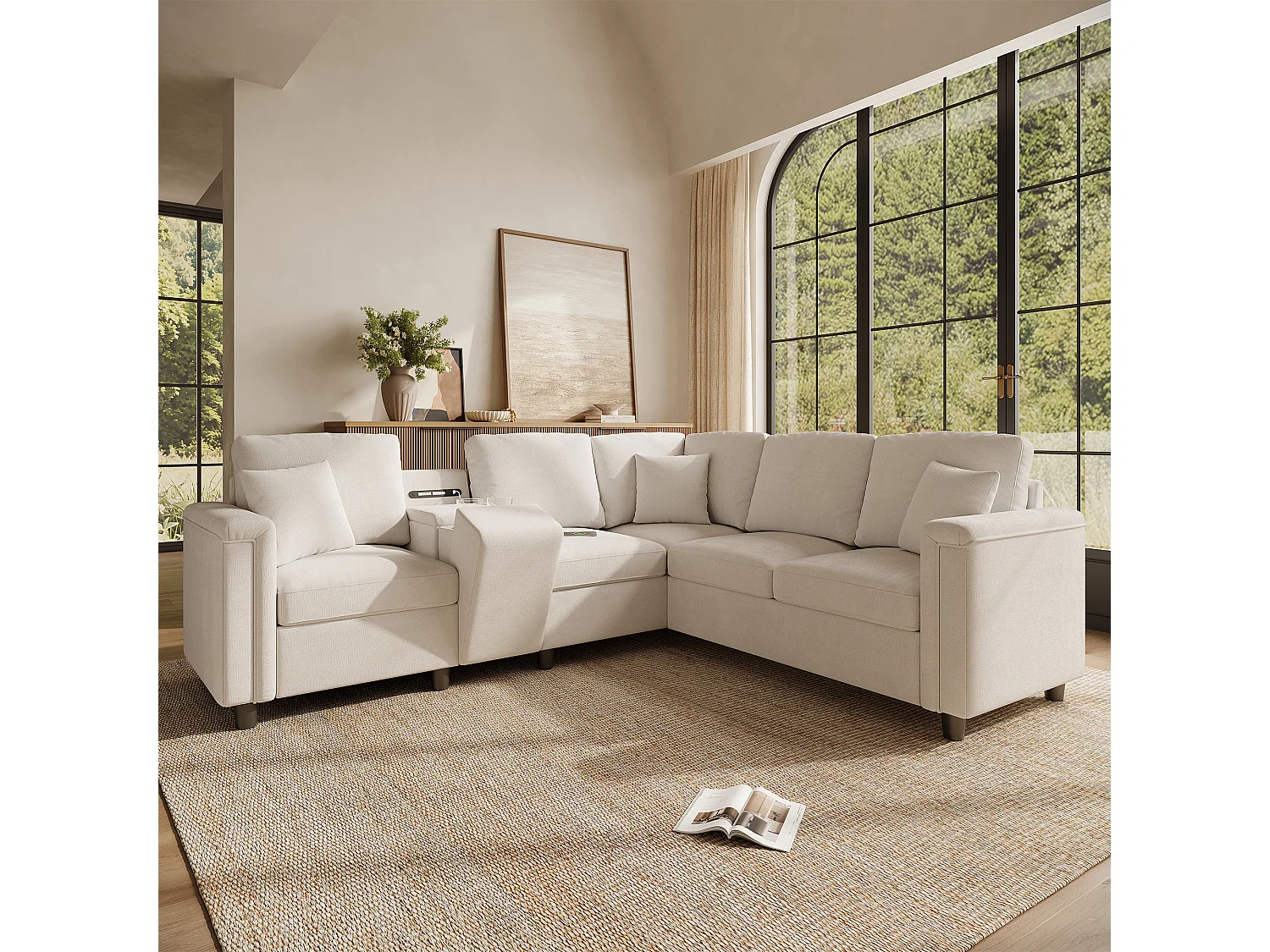 L-förmiges 5-Sitzer-Ecksofa 235x208x83 cm – mit Getränkehaltern, USB-/Typ-C-Anschlüssen und Leselampen – Chenille-Stoff – Beige