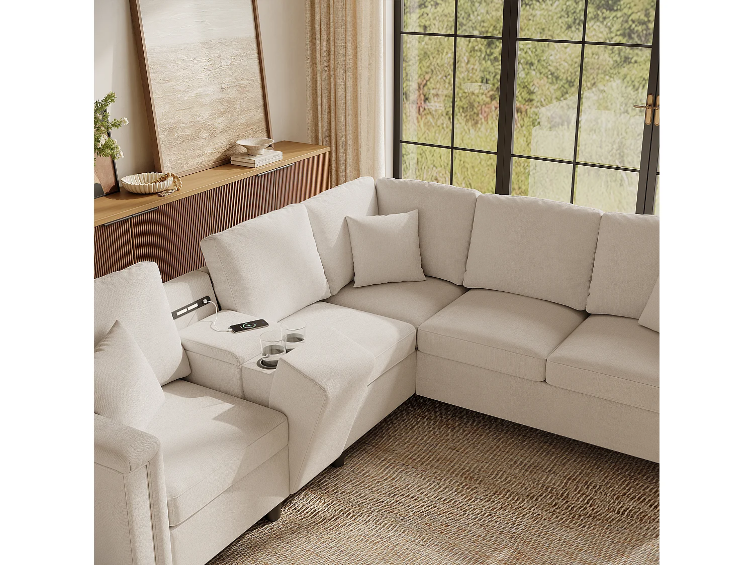 L-förmiges 5-Sitzer-Ecksofa 235x208x83 cm – mit Getränkehaltern, USB-/Typ-C-Anschlüssen und Leselampen – Chenille-Stoff – Beige