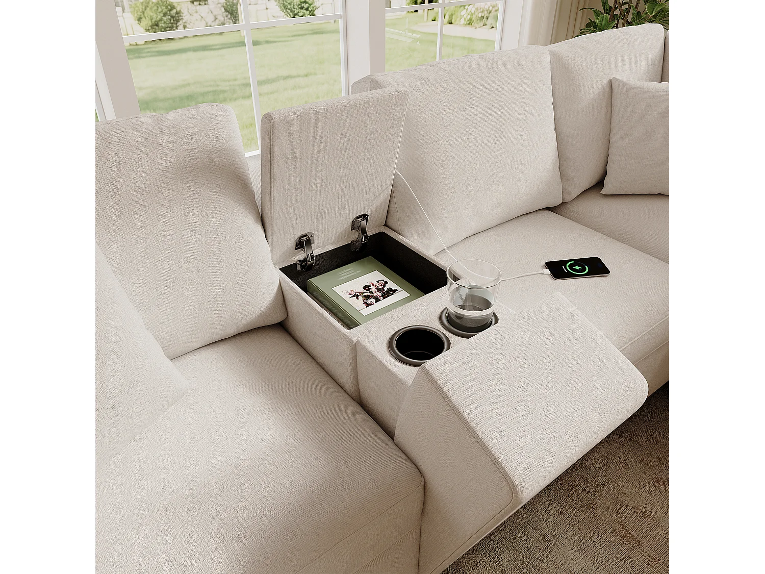 L-förmiges 5-Sitzer-Ecksofa 235x208x83 cm – mit Getränkehaltern, USB-/Typ-C-Anschlüssen und Leselampen – Chenille-Stoff – Beige