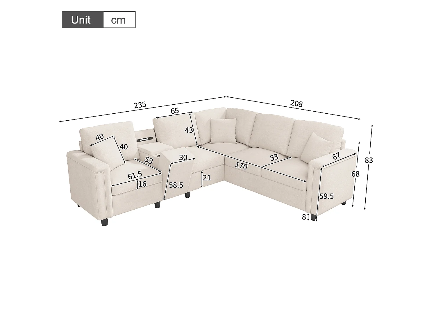 L-förmiges 5-Sitzer-Ecksofa 235x208x83 cm – mit Getränkehaltern, USB-/Typ-C-Anschlüssen und Leselampen – Chenille-Stoff – Beige
