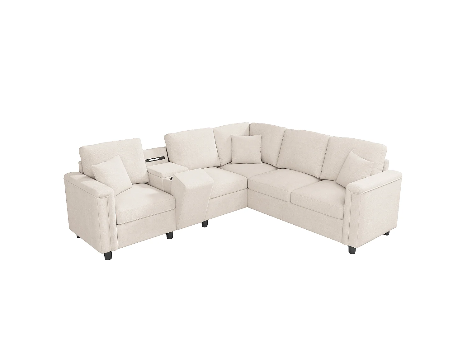 L-förmiges 5-Sitzer-Ecksofa 235x208x83 cm – mit Getränkehaltern, USB-/Typ-C-Anschlüssen und Leselampen – Chenille-Stoff – Beige
