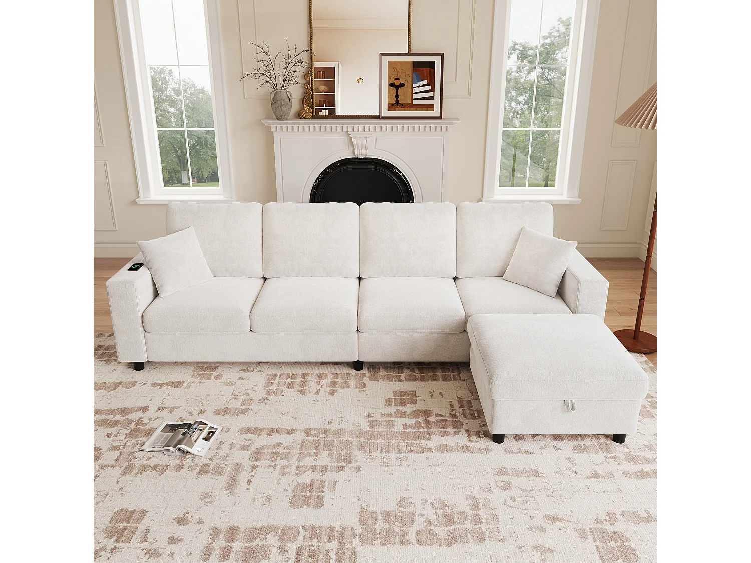 Ecksofa 4 Sitze 282 × 153 × 82 cm - mobiler Stauraumhocker - mit LED-Beleuchtung und USB/Type-C-Anschlüssen - Beige
