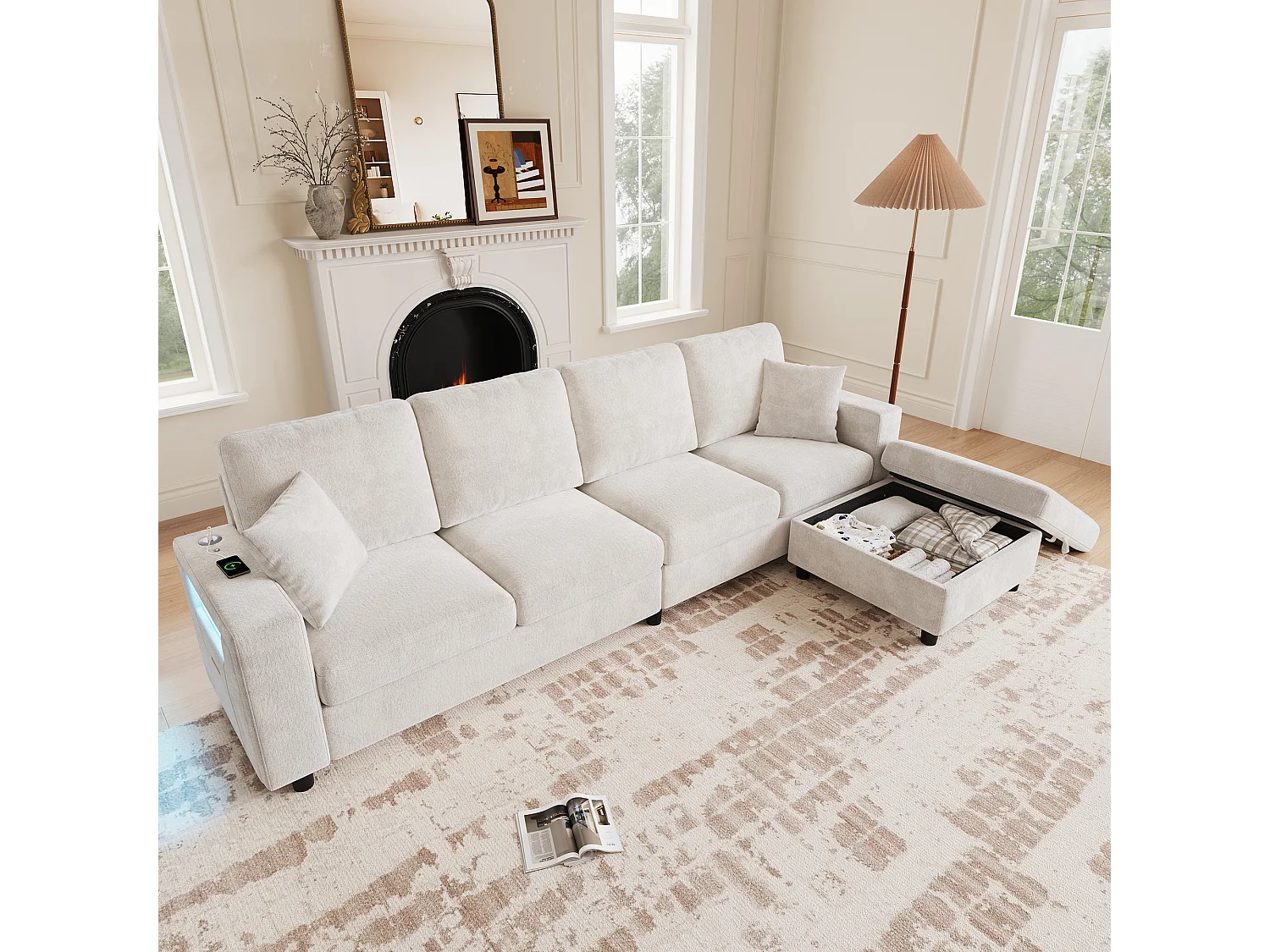 Ecksofa 4 Sitze 282 × 153 × 82 cm - mobiler Stauraumhocker - mit LED-Beleuchtung und USB/Type-C-Anschlüssen - Beige