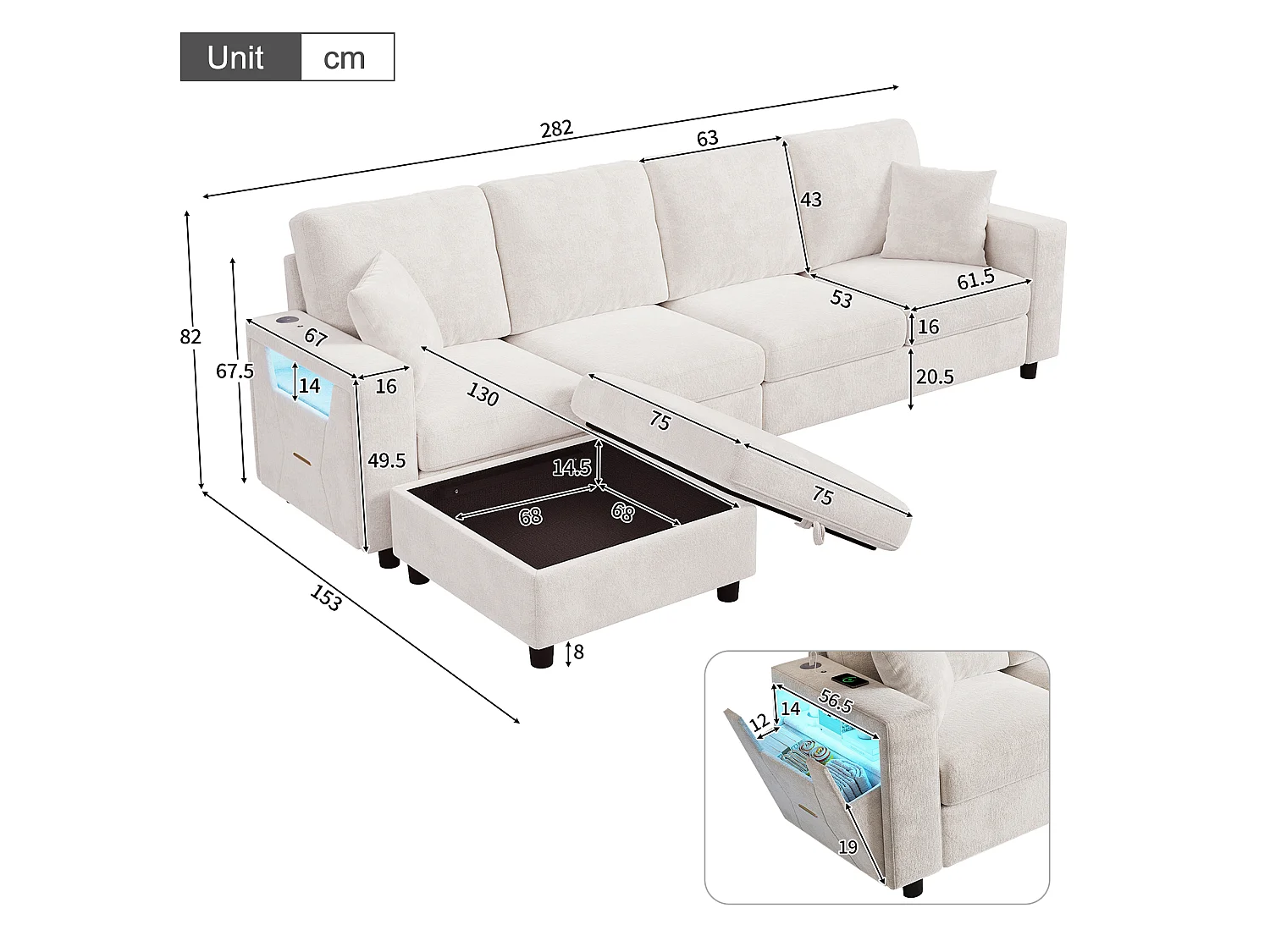 Ecksofa 4 Sitze 282 × 153 × 82 cm - mobiler Stauraumhocker - mit LED-Beleuchtung und USB/Type-C-Anschlüssen - Beige