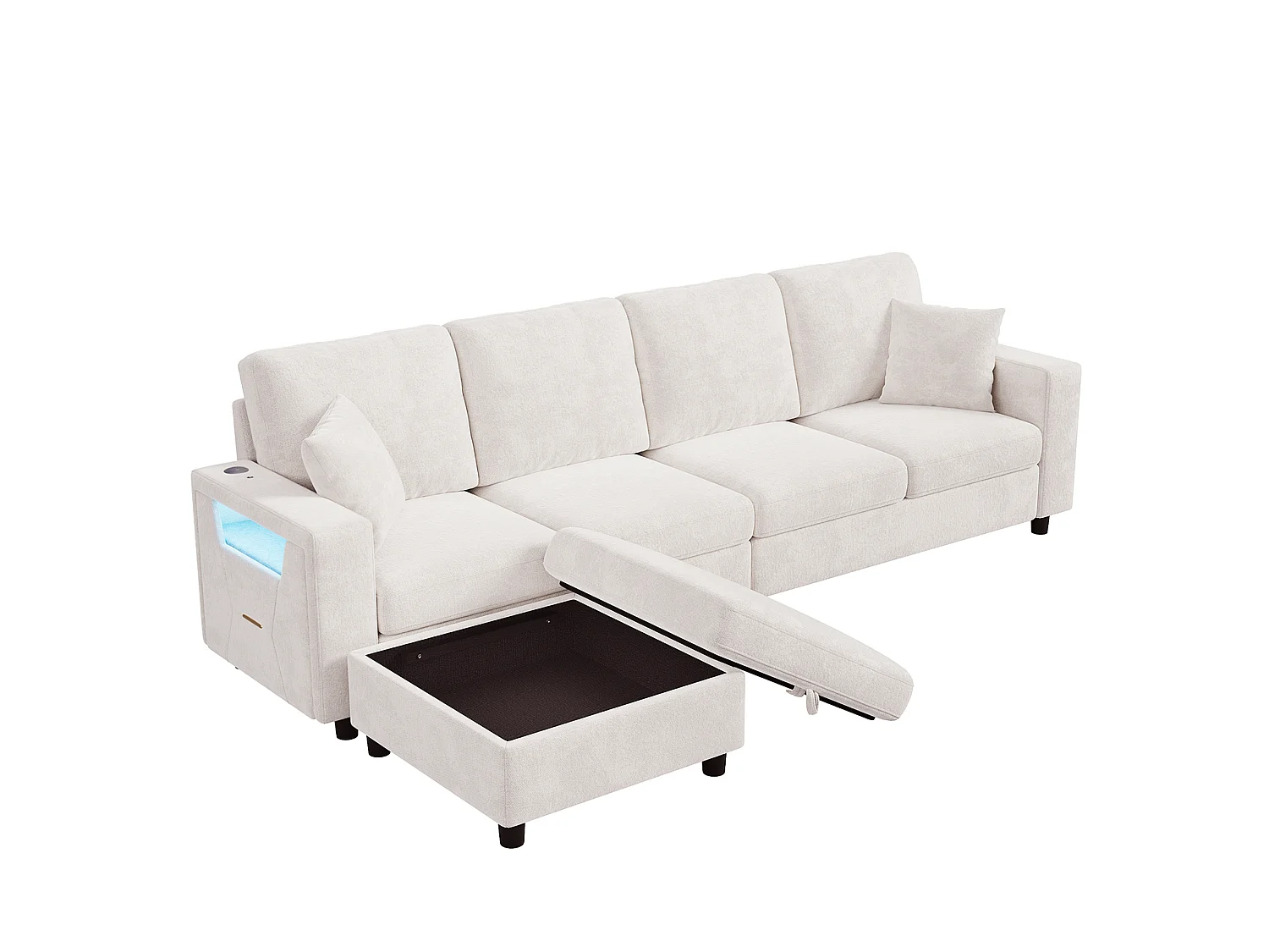 Ecksofa 4 Sitze 282 × 153 × 82 cm - mobiler Stauraumhocker - mit LED-Beleuchtung und USB/Type-C-Anschlüssen - Beige