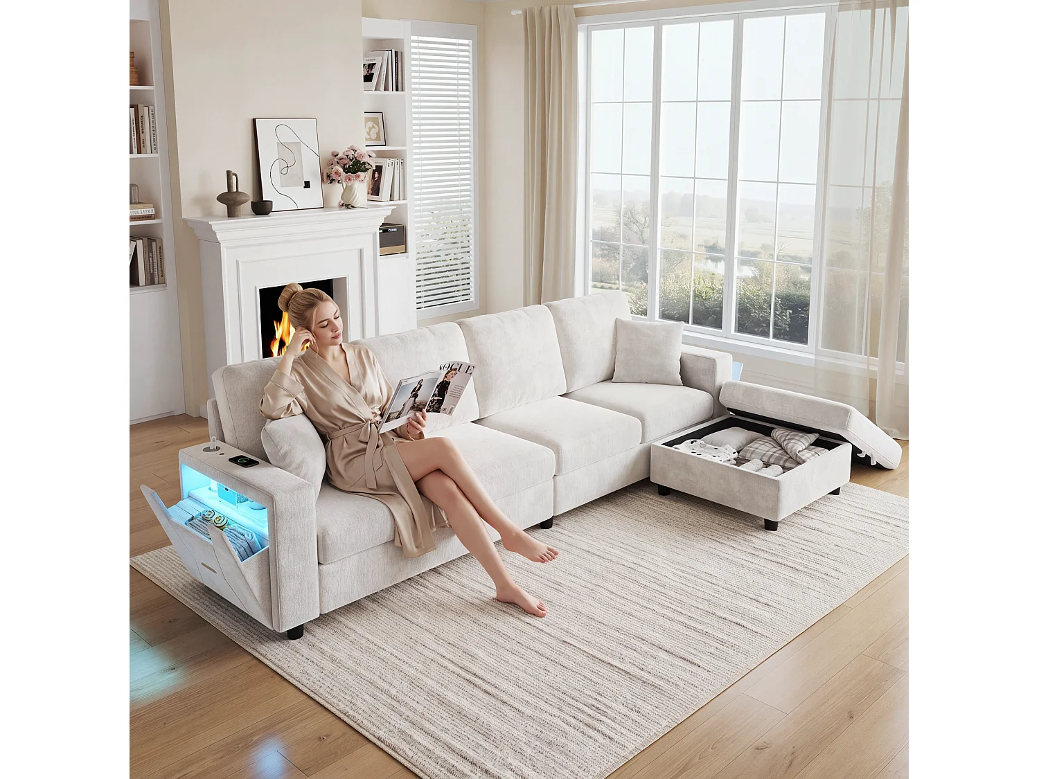 Ecksofa 4 Sitze 282 × 153 × 82 cm - mobiler Stauraumhocker - mit LED-Beleuchtung und USB/Type-C-Anschlüssen - Beige