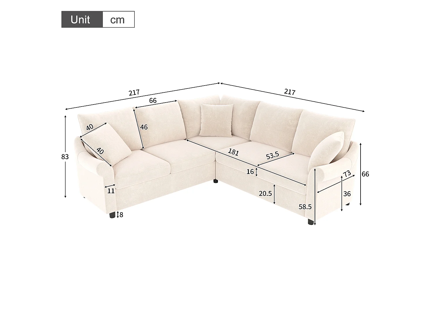 L-förmiges Ecksofa 5 Sitze 217x217x83 cm – mit 3 Zierkissen – Chenille-Stoff – Beige
