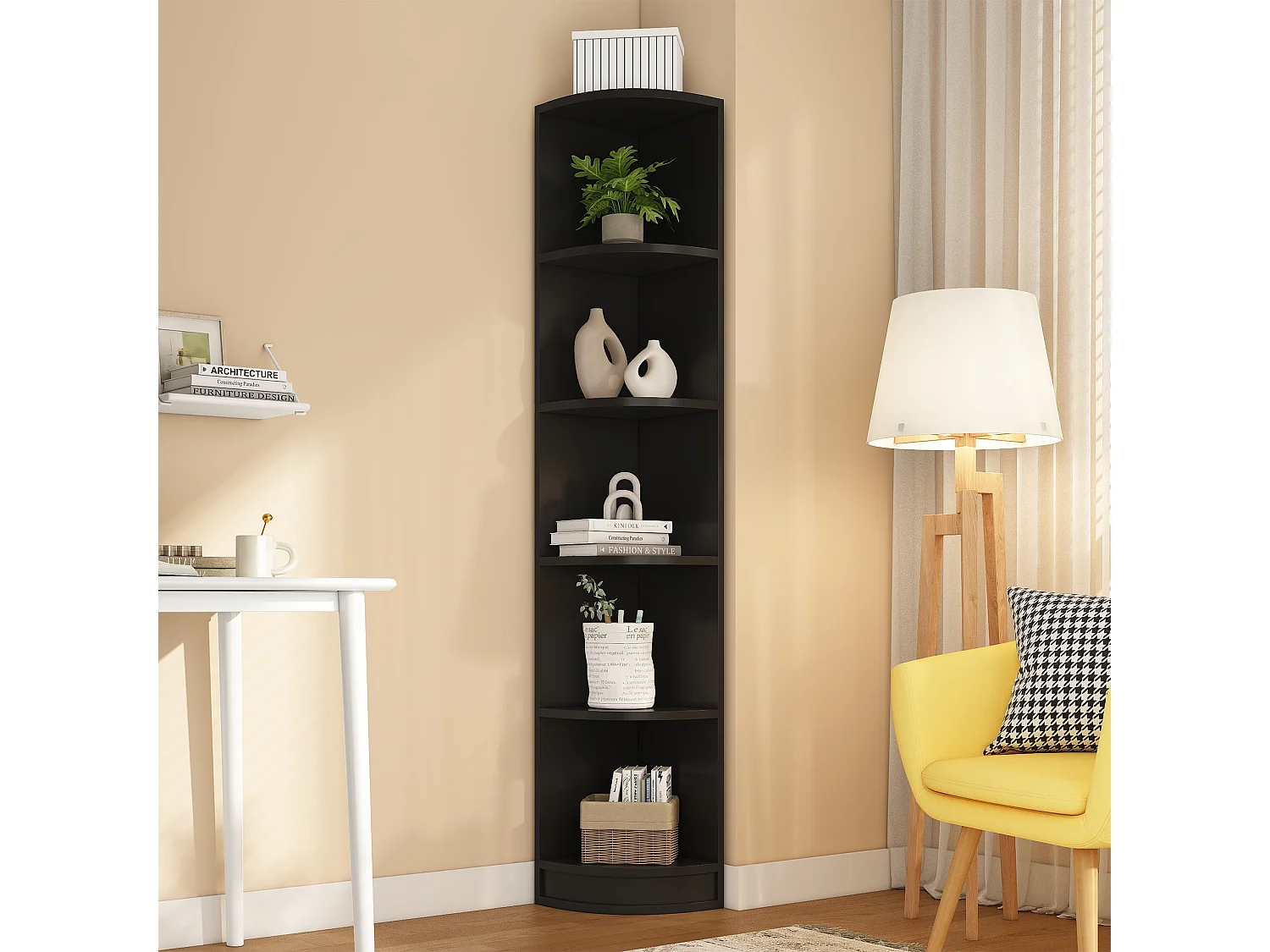 Bibliothèque, Étagère d'angle 42x30x180 cm - Avec 5 étagères - Design épuré - MDF - Noir