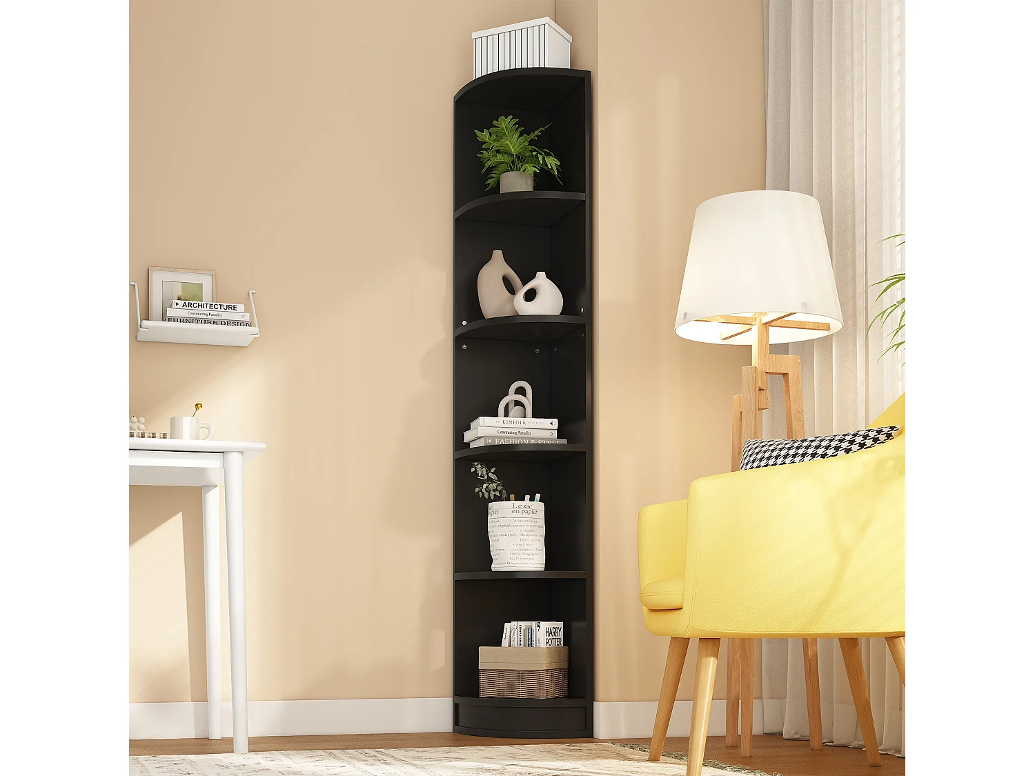 Bibliothèque, Étagère d'angle 42x30x180 cm - Avec 5 étagères - Design épuré - MDF - Noir