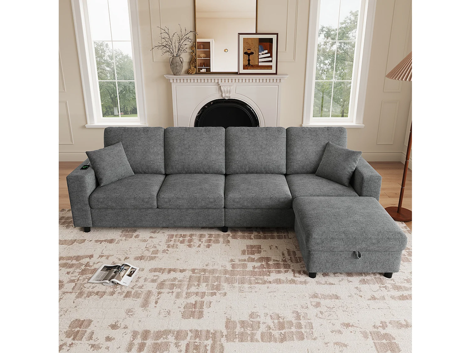 Canapé d'angle 4 places 282 × 153 × 82 cm - pouf de rangement mobile - avec éclairage LED et ports USB/Type-C - Gris