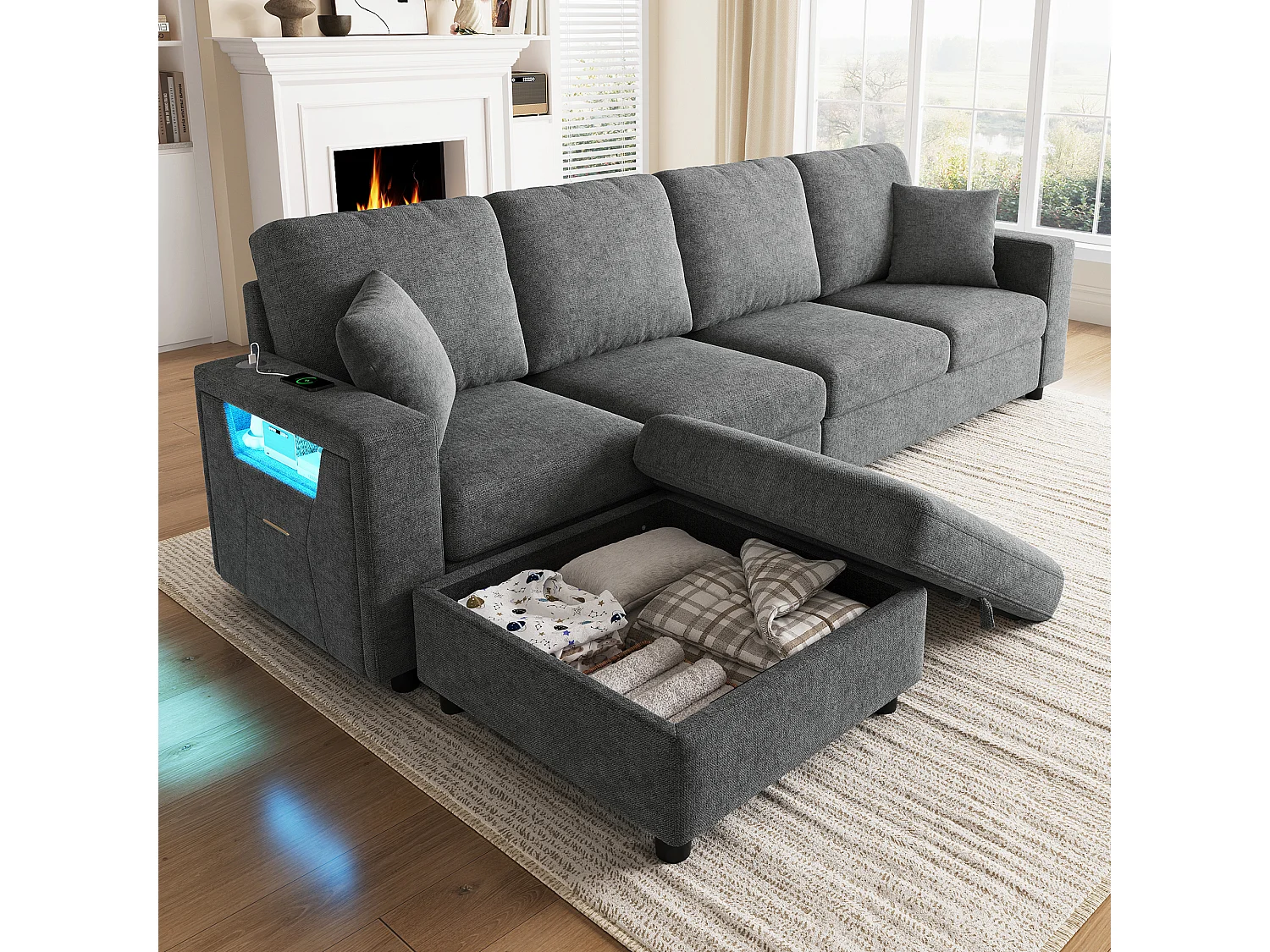 Canapé d'angle 4 places 282 × 153 × 82 cm - pouf de rangement mobile - avec éclairage LED et ports USB/Type-C - Gris