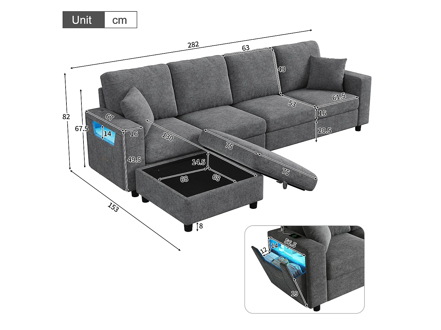 Canapé d'angle 4 places 282 × 153 × 82 cm - pouf de rangement mobile - avec éclairage LED et ports USB/Type-C - Gris