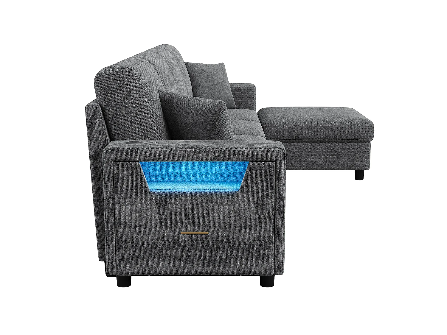 Canapé d'angle 4 places 282 × 153 × 82 cm - pouf de rangement mobile - avec éclairage LED et ports USB/Type-C - Gris