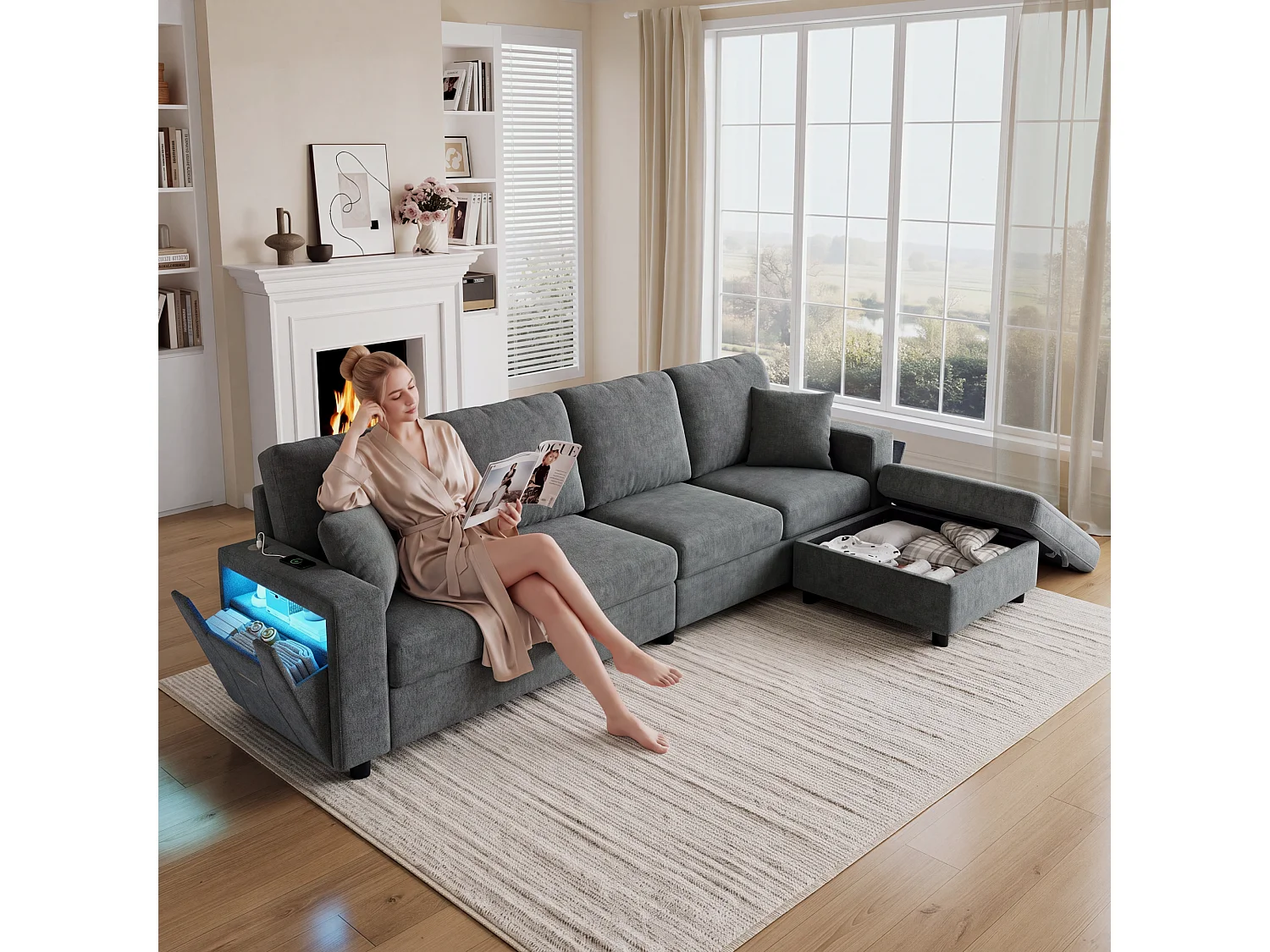 Canapé d'angle 4 places 282 × 153 × 82 cm - pouf de rangement mobile - avec éclairage LED et ports USB/Type-C - Gris