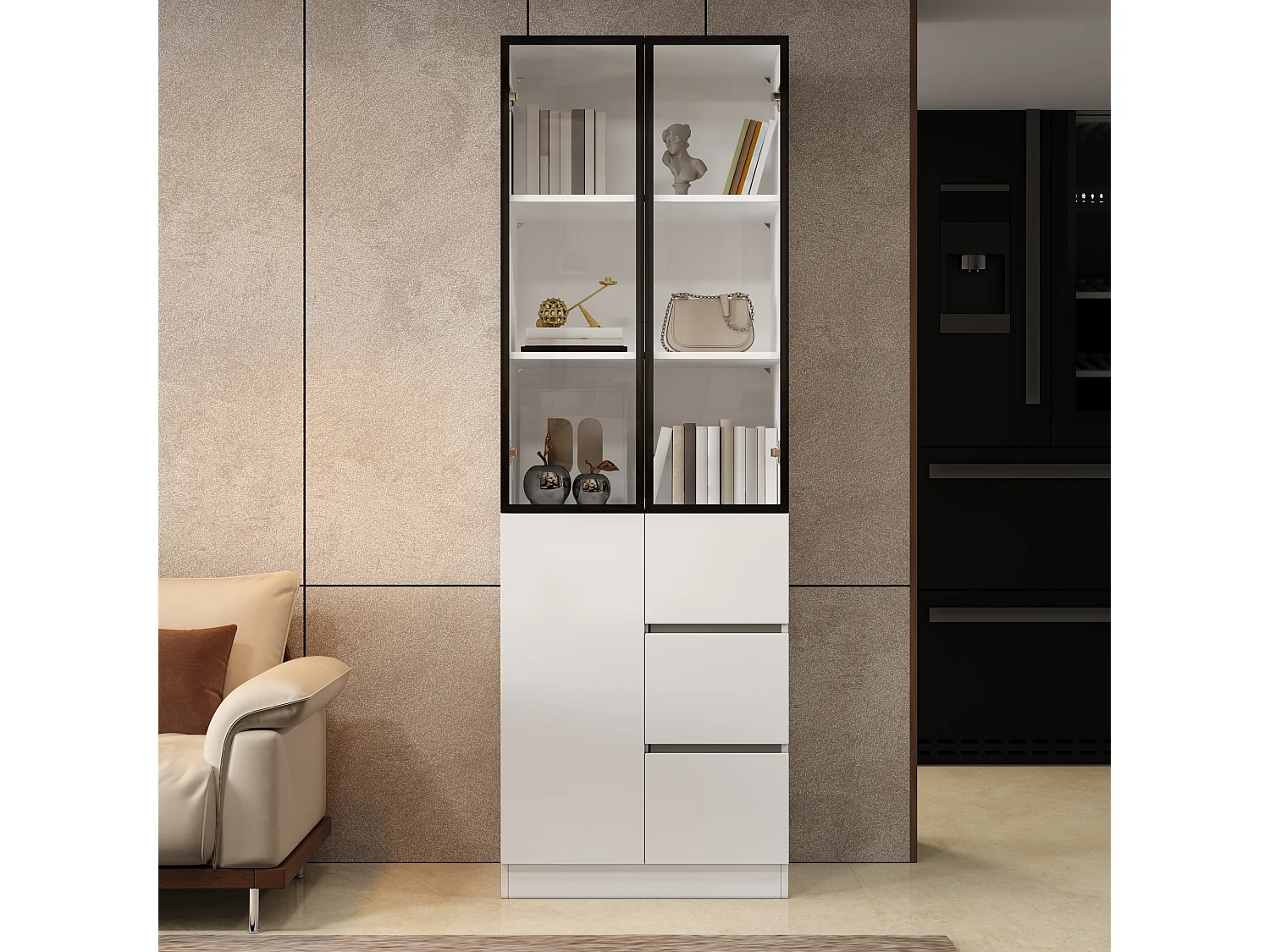 Glass display cabinet 60x40x180 cm - 3 doors and 3 drawers - LED lighting - Particle board - Aluminum frame - White