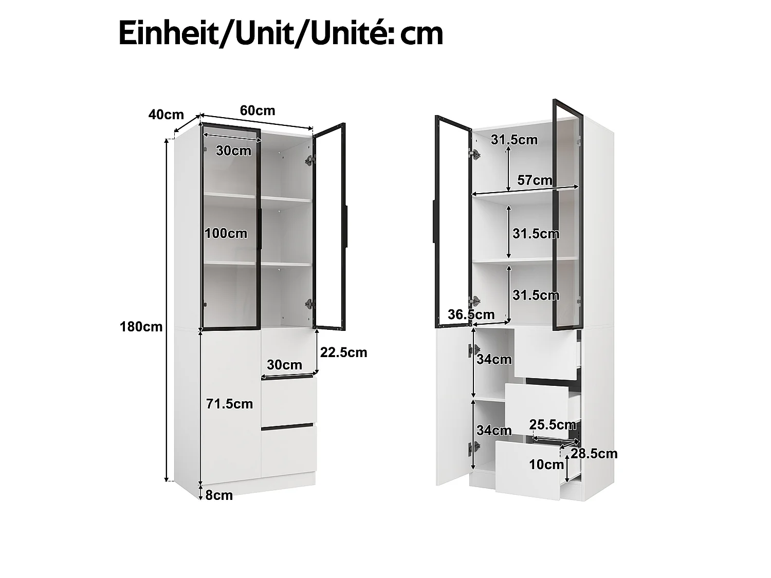 Glass display cabinet 60x40x180 cm - 3 doors and 3 drawers - LED lighting - Particle board - Aluminum frame - White