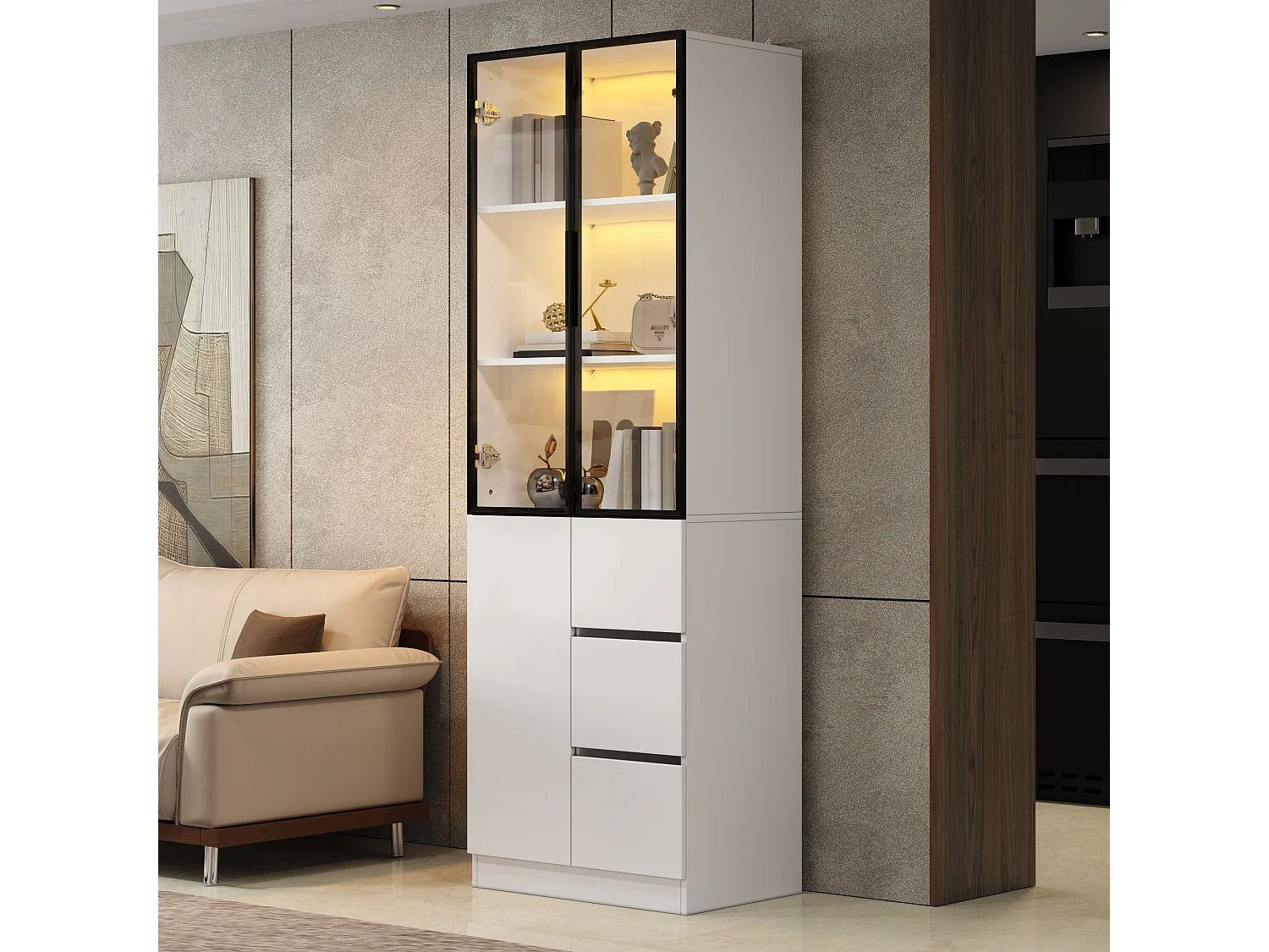 Glass display cabinet 60x40x180 cm - 3 doors and 3 drawers - LED lighting - Particle board - Aluminum frame - White