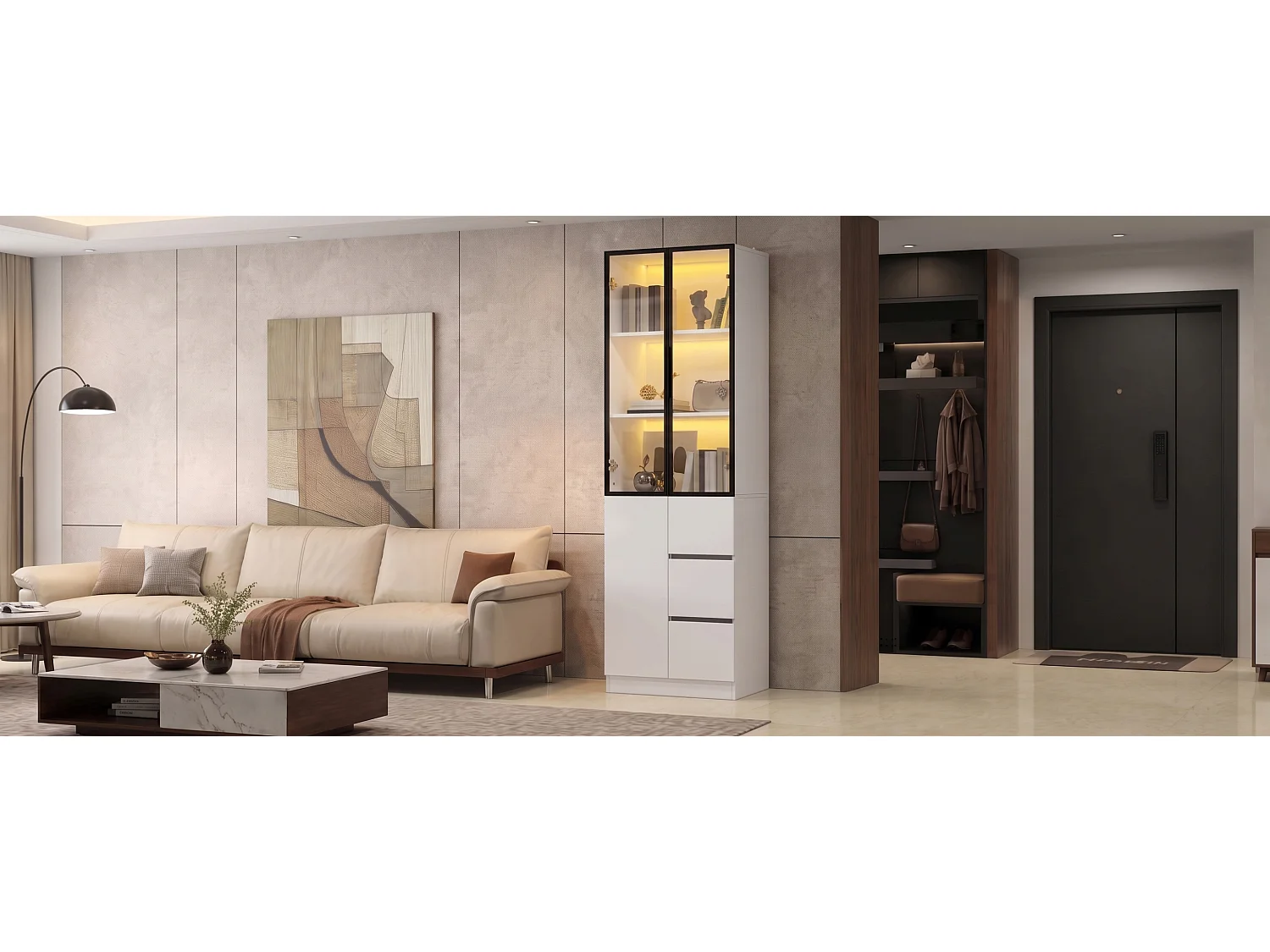 Glass display cabinet 60x40x180 cm - 3 doors and 3 drawers - LED lighting - Particle board - Aluminum frame - White