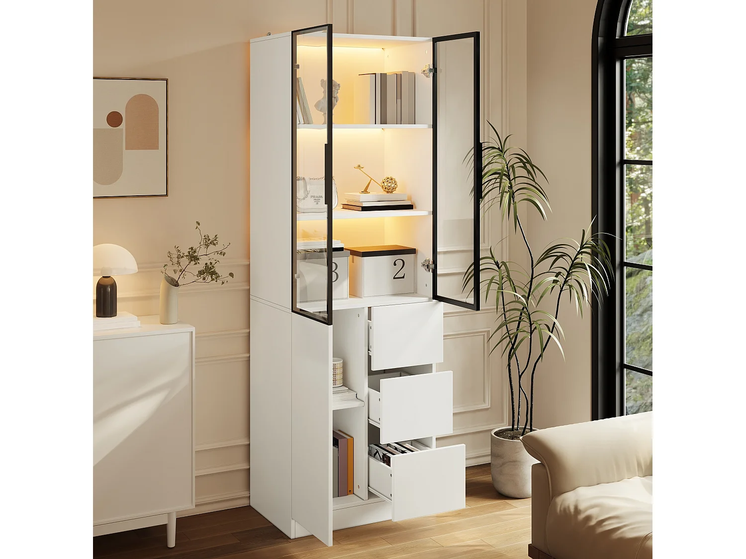 Glass display cabinet 60x40x180 cm - 3 doors and 3 drawers - LED lighting - Particle board - Aluminum frame - White