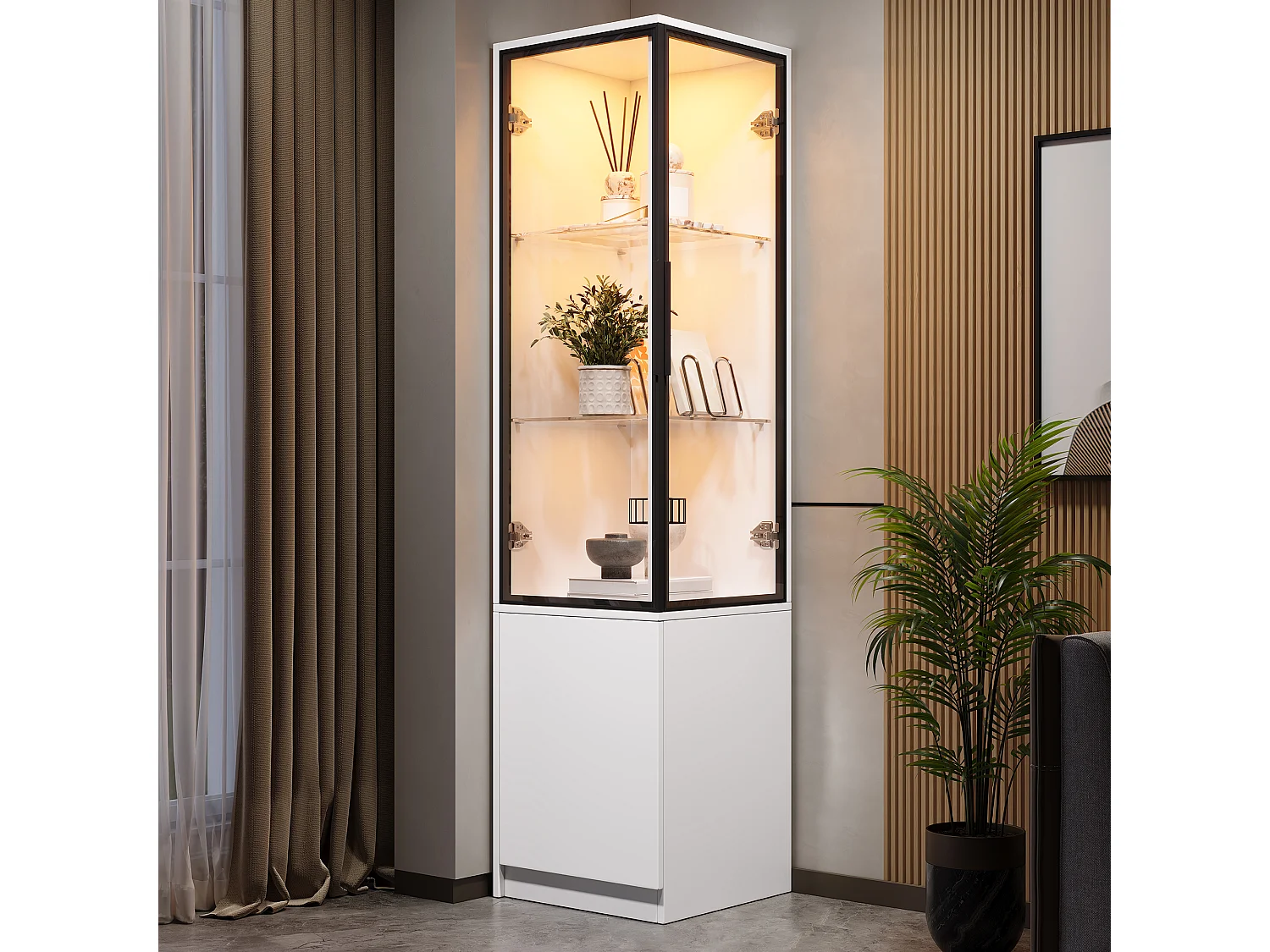 Display case, corner cabinet 40x40x160cm - LED lighting and 3 doors - Aluminum alloy frame + tempered glass doors - White