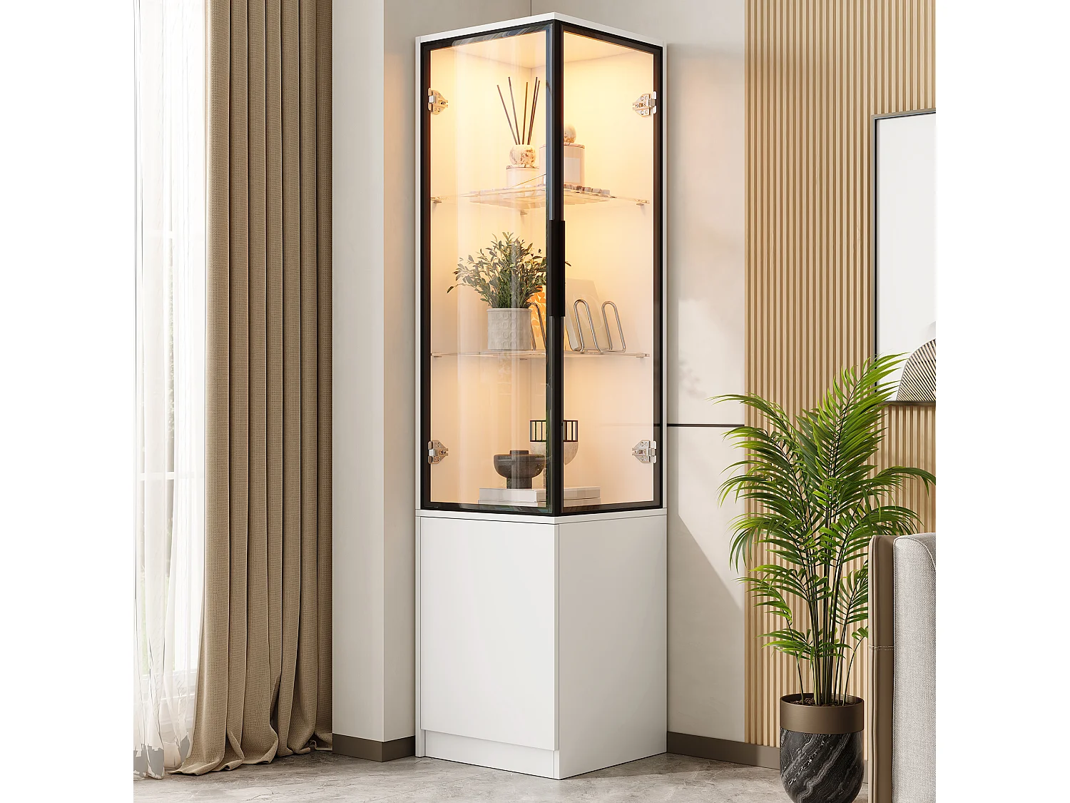 Display case, corner cabinet 40x40x160cm - LED lighting and 3 doors - Aluminum alloy frame + tempered glass doors - White