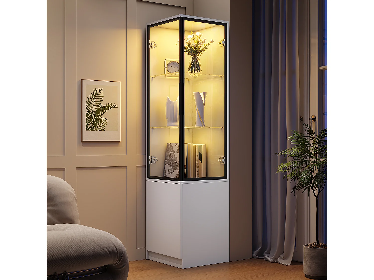 Display case, corner cabinet 40x40x160cm - LED lighting and 3 doors - Aluminum alloy frame + tempered glass doors - White