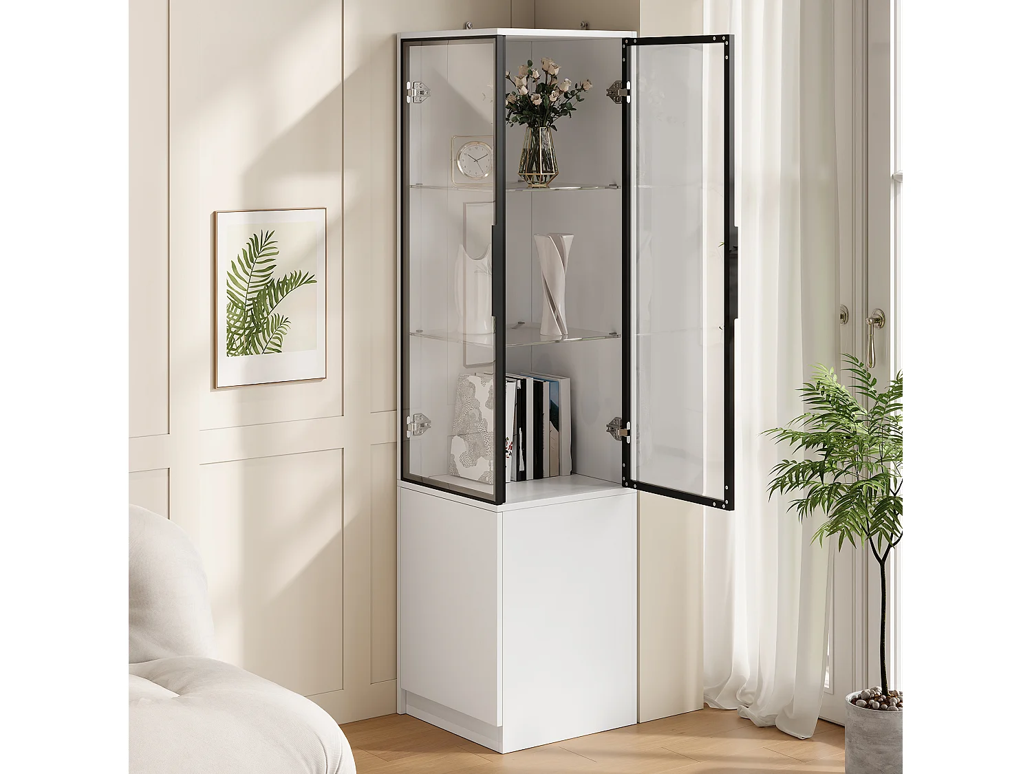 Display case, corner cabinet 40x40x160cm - LED lighting and 3 doors - Aluminum alloy frame + tempered glass doors - White