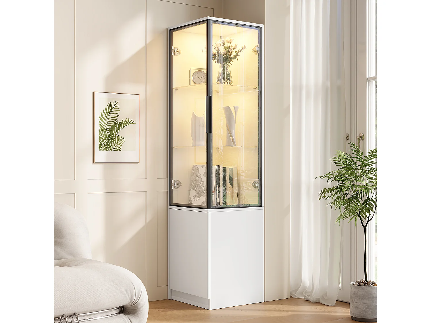 Display case, corner cabinet 40x40x160cm - LED lighting and 3 doors - Aluminum alloy frame + tempered glass doors - White