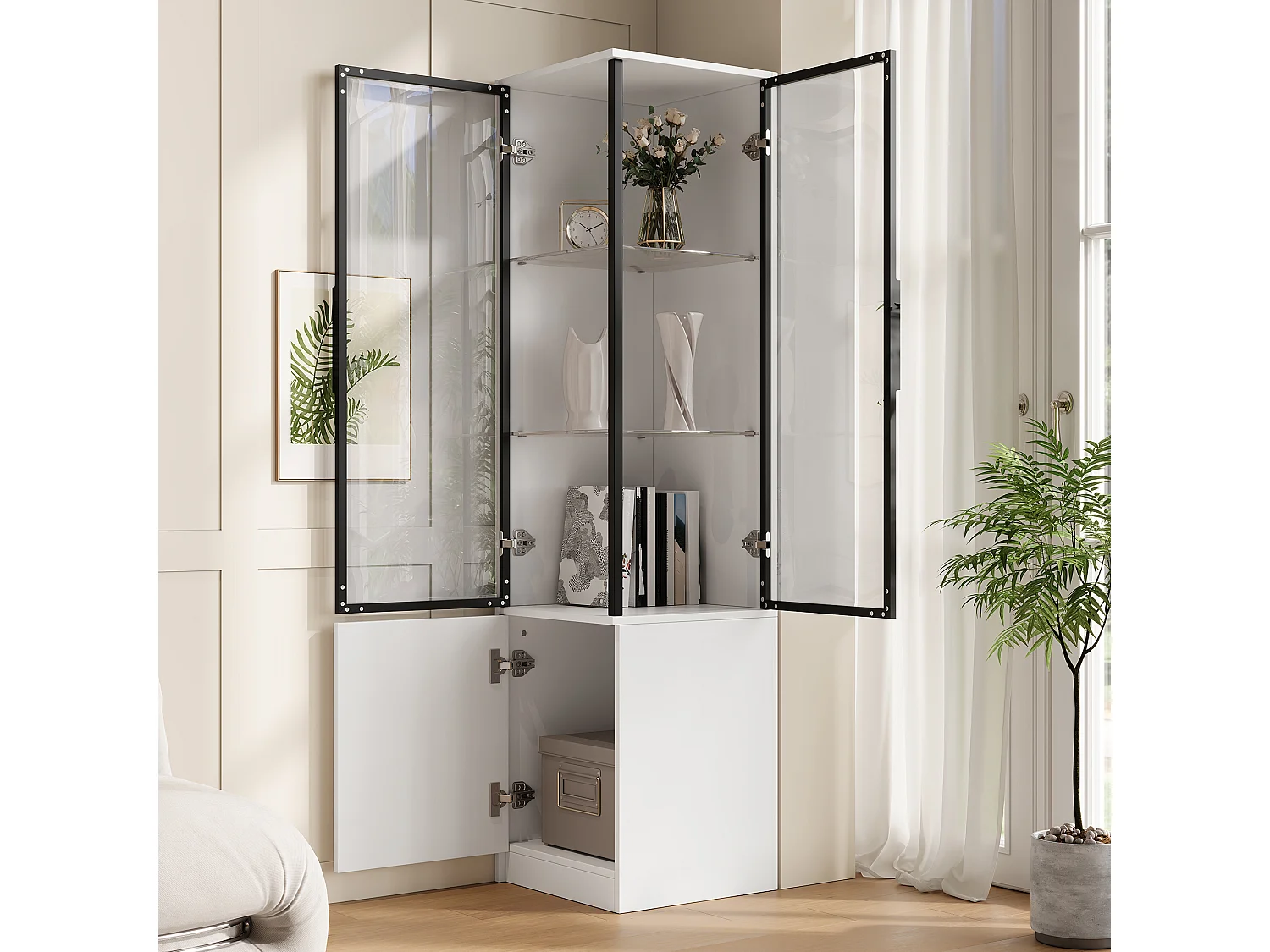 Display case, corner cabinet 40x40x160cm - LED lighting and 3 doors - Aluminum alloy frame + tempered glass doors - White